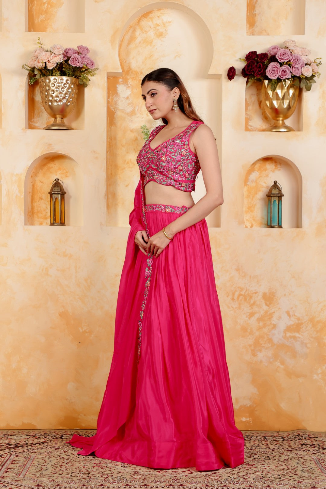 Rani Pink Crepe Silk Blouse with Thread & Stone Work, Lehenga & Dupatta