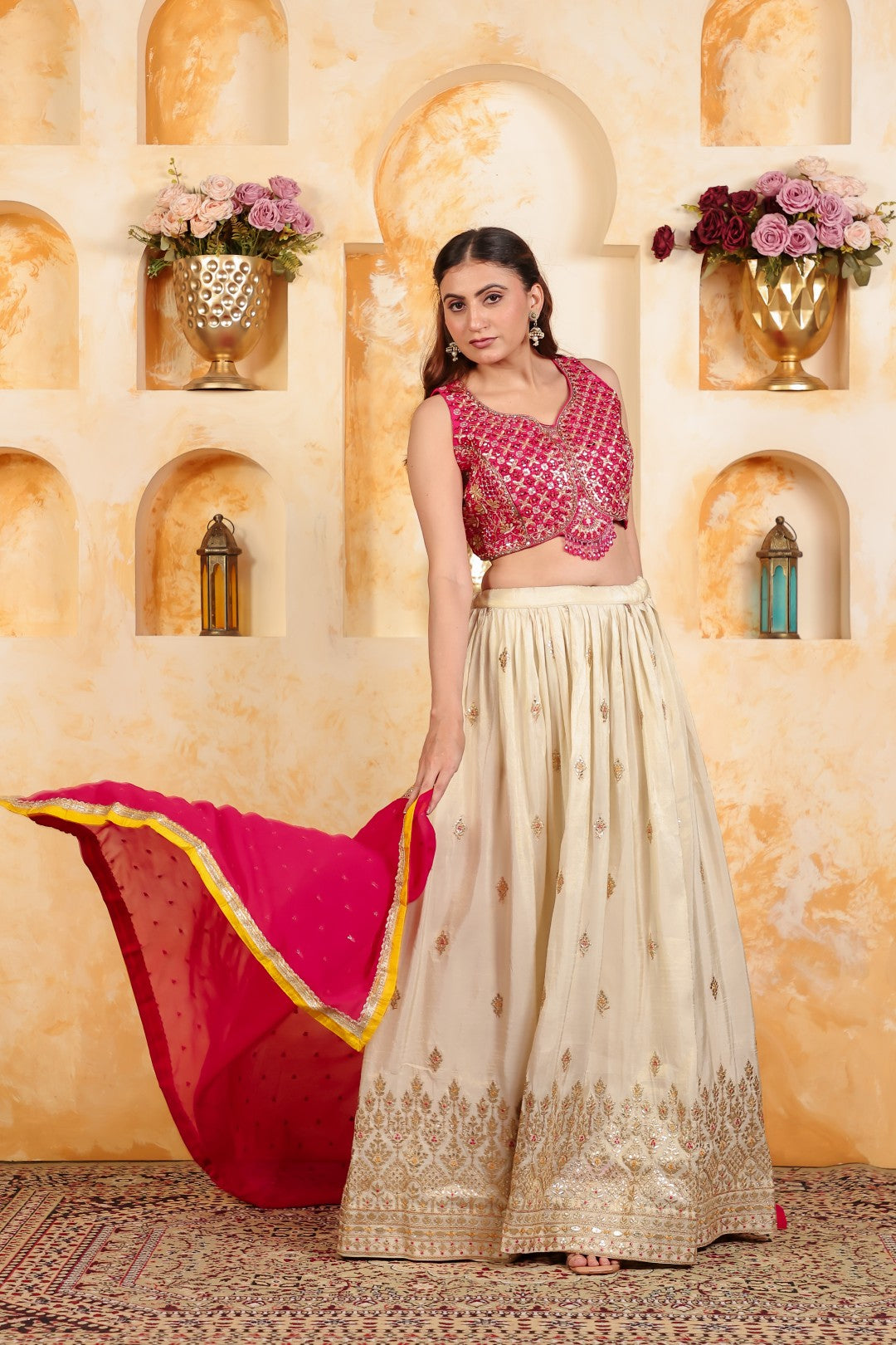 Rani Pink Dola Silk Blouse with Zari Mirror Work, Gotta Zari Work Lehenga with Dupatta