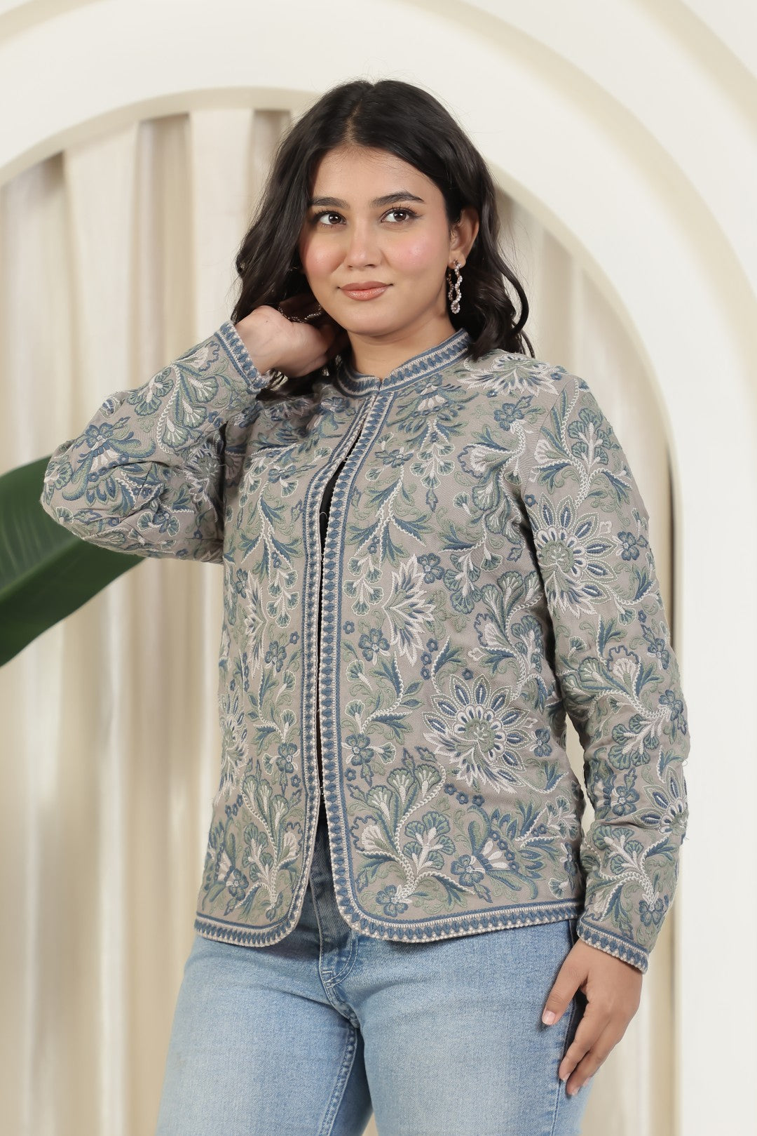 Grey Cotton Jacket with Kashmiri Thread Embroidery