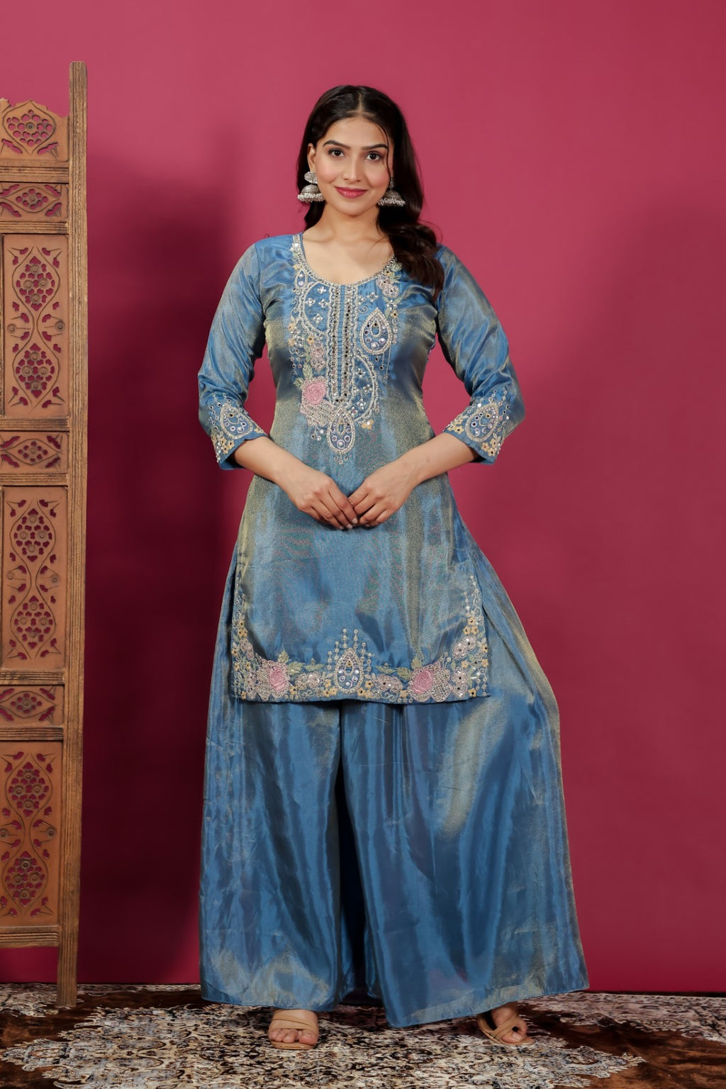 Diesel Blue Mosh Silk Handwork Suit, Palazzo & Dupatta