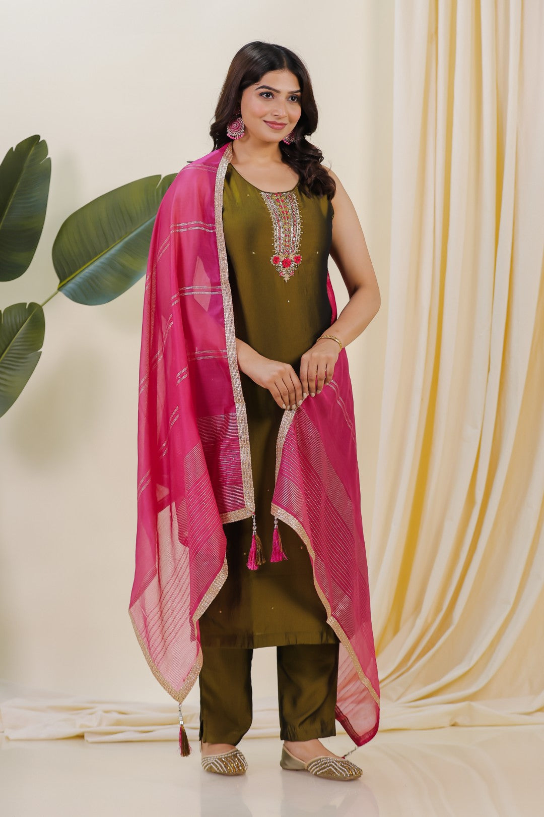 Mehendi Green Muslin Silk Suit with Handwork, Bottom & Dupatta
