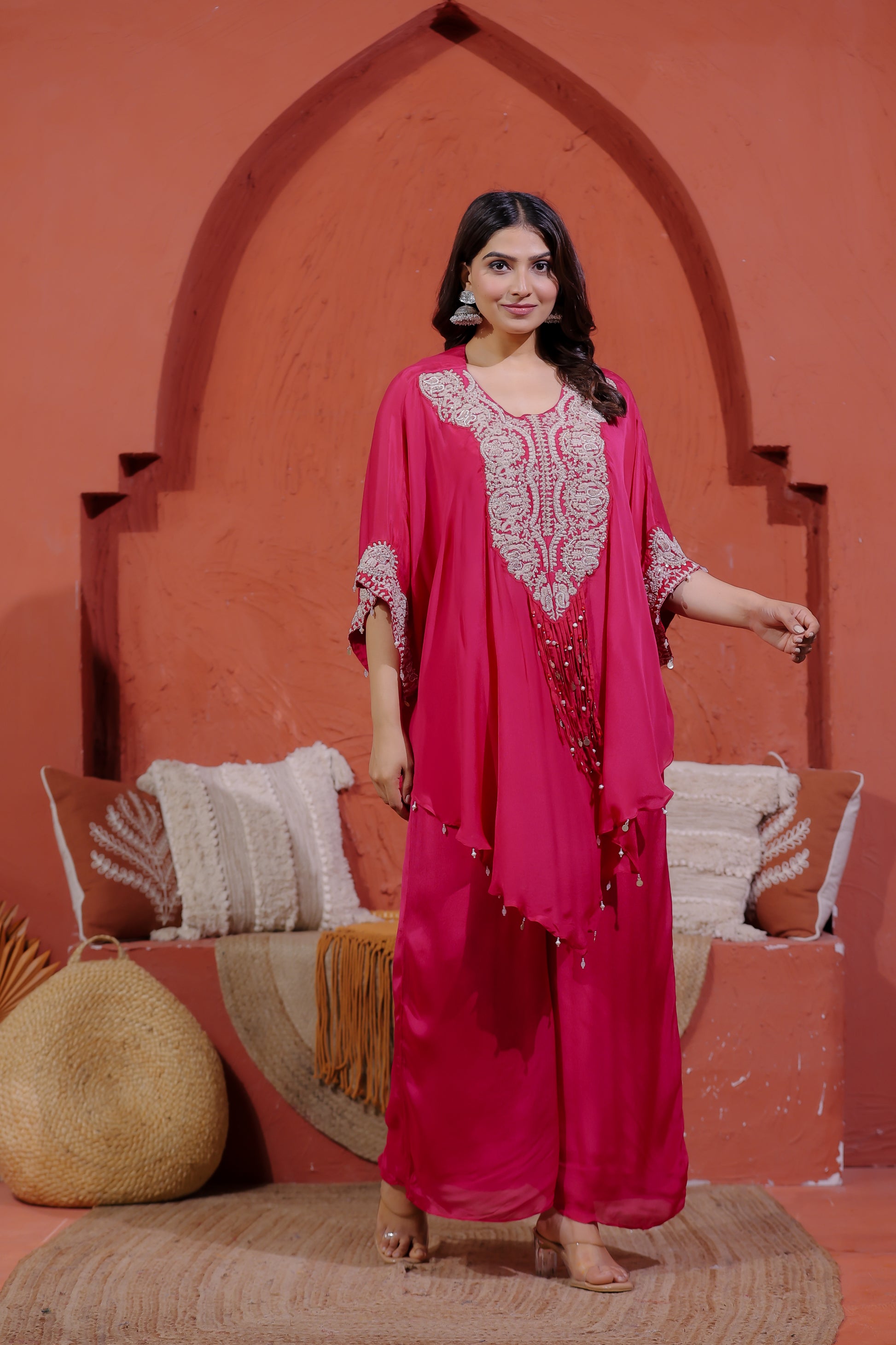 Rani Pink Chinon Silk Kaftan with Thread Embroidery, Blouse & Palazzo