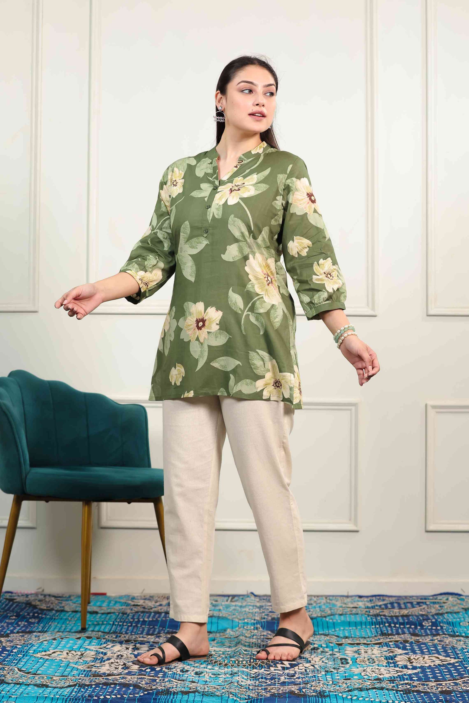 Green Cambric Cotton with Flower Printed Short Kurti