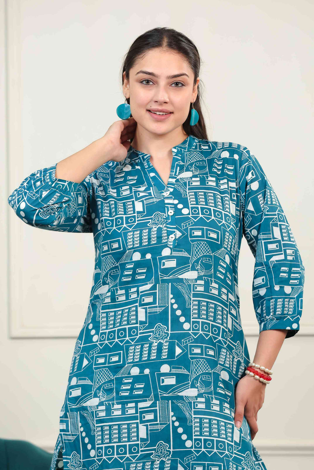 Teal Blue Cambric Cotton Printed Short Kurti