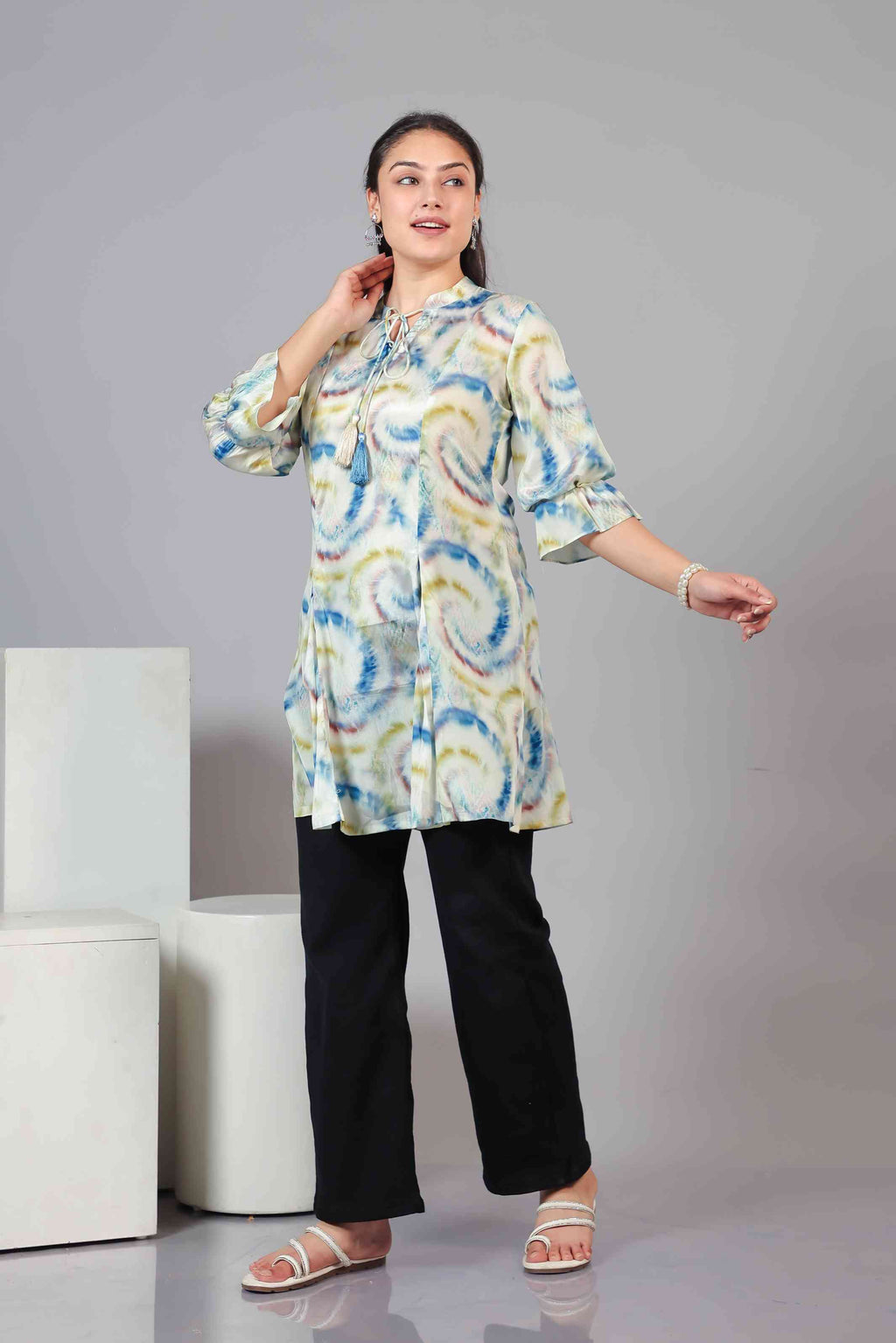 Multicolor Crepe Silk Printed Short Kurti