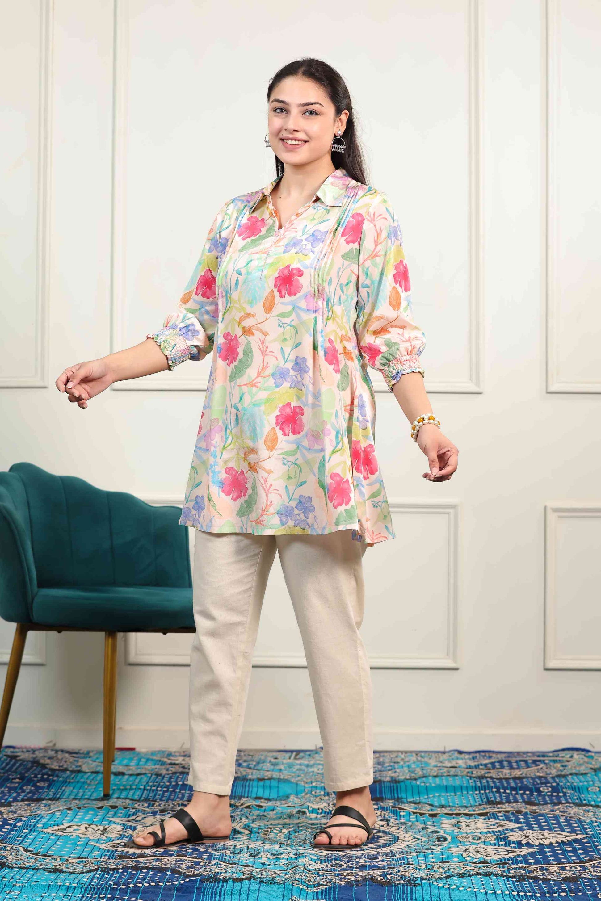 Peach Crepe Multicolor Floral Printed Short Kurti