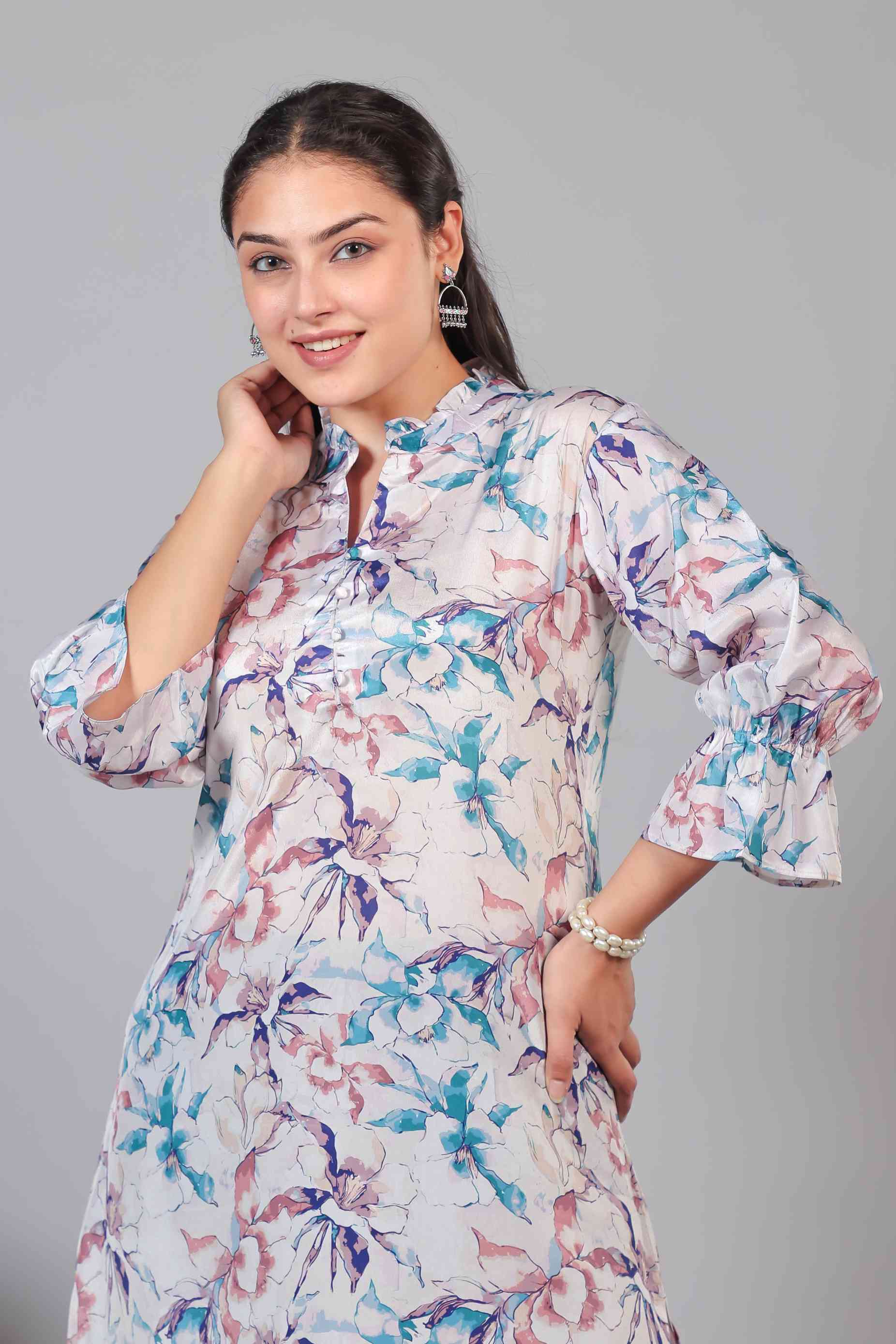 Silver Offwhite Crepe Multicolor Printed Short Kurti