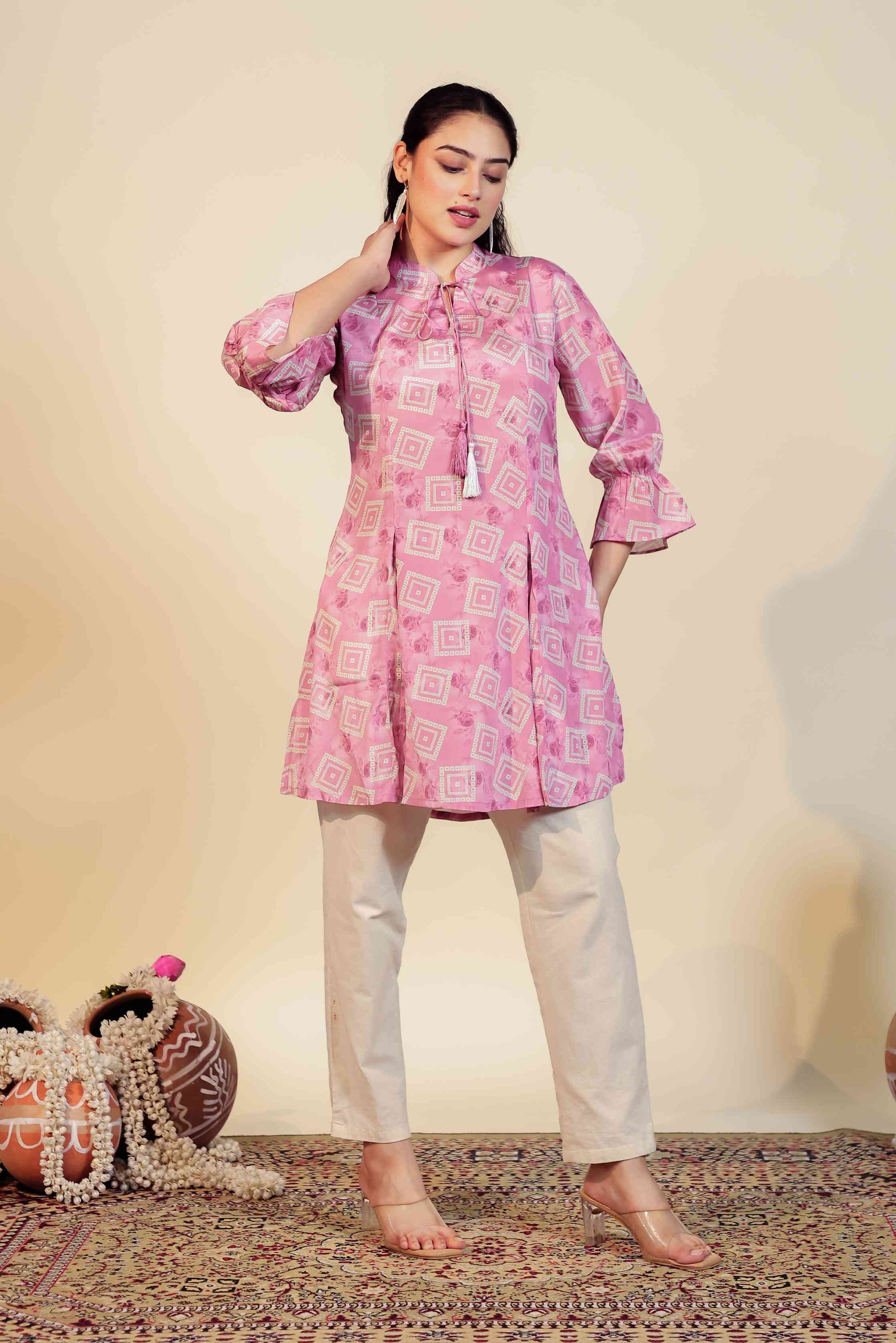 Metallic Pink Crepe Jaipuri Printed Top