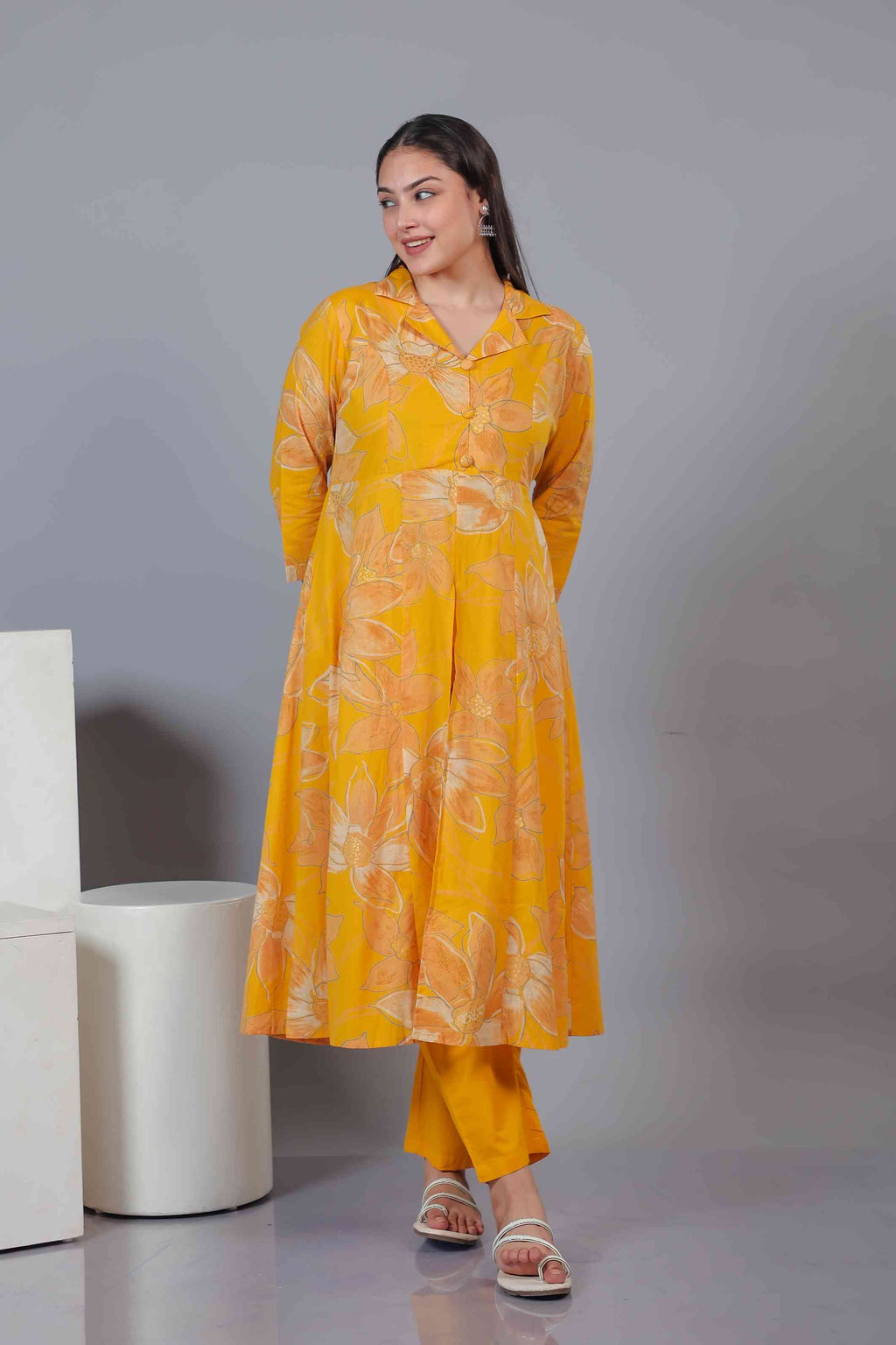 Yellow Cambric Cotton Floral Printed Co-ord Set