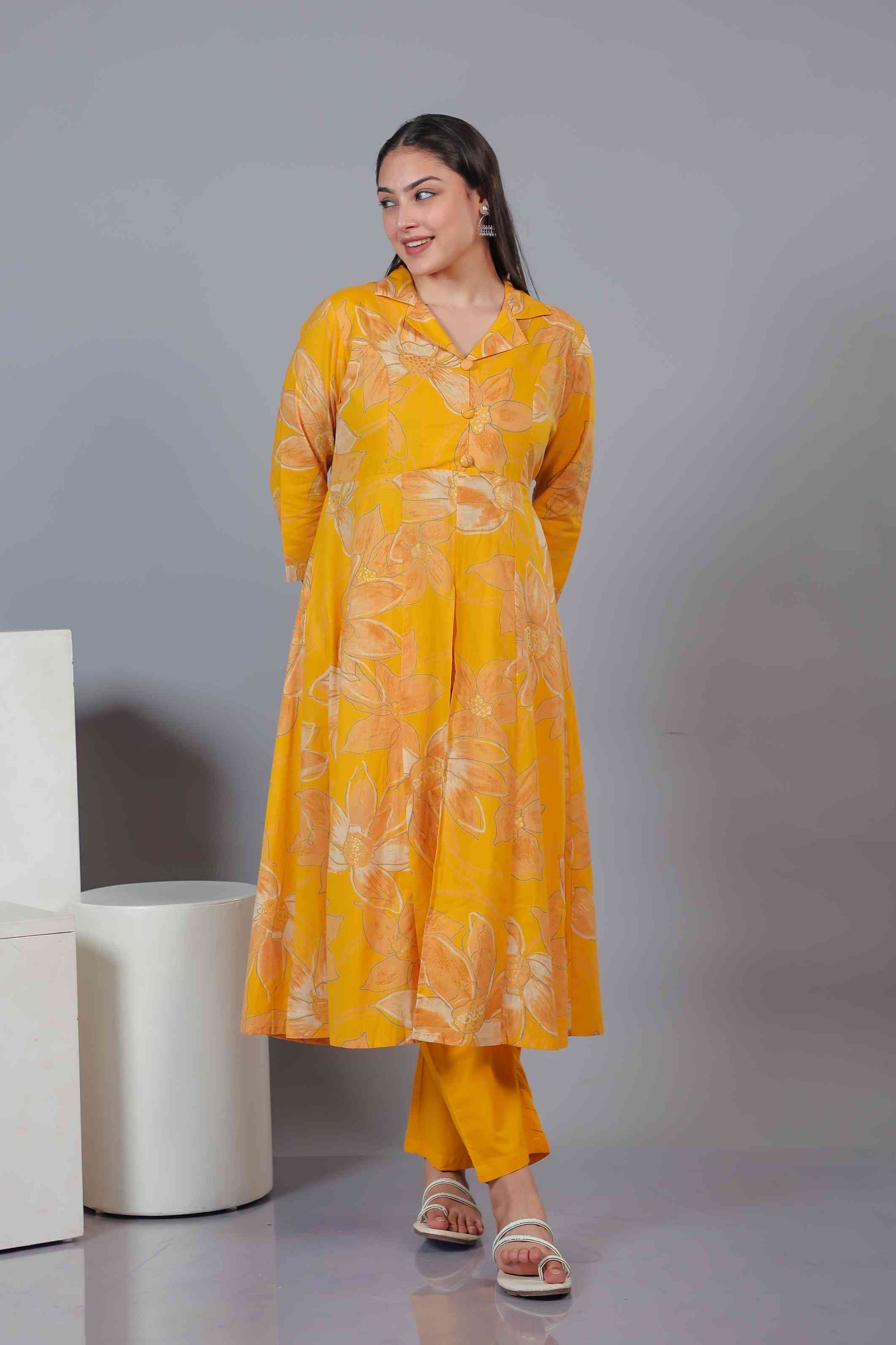 Yellow Cambric Cotton Floral Printed Co-ord Set