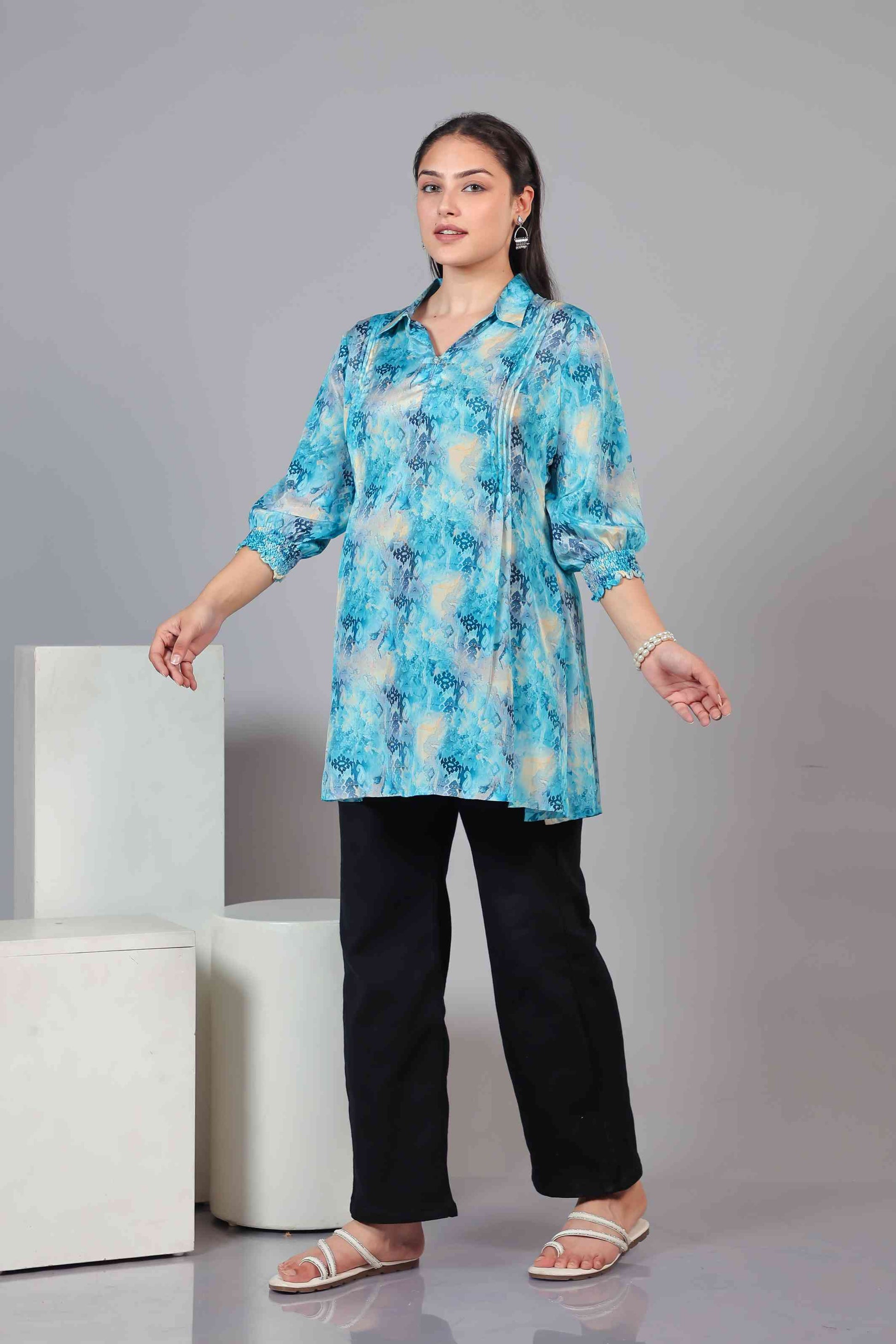 Rama Blue Crepe Printed Short Kurti