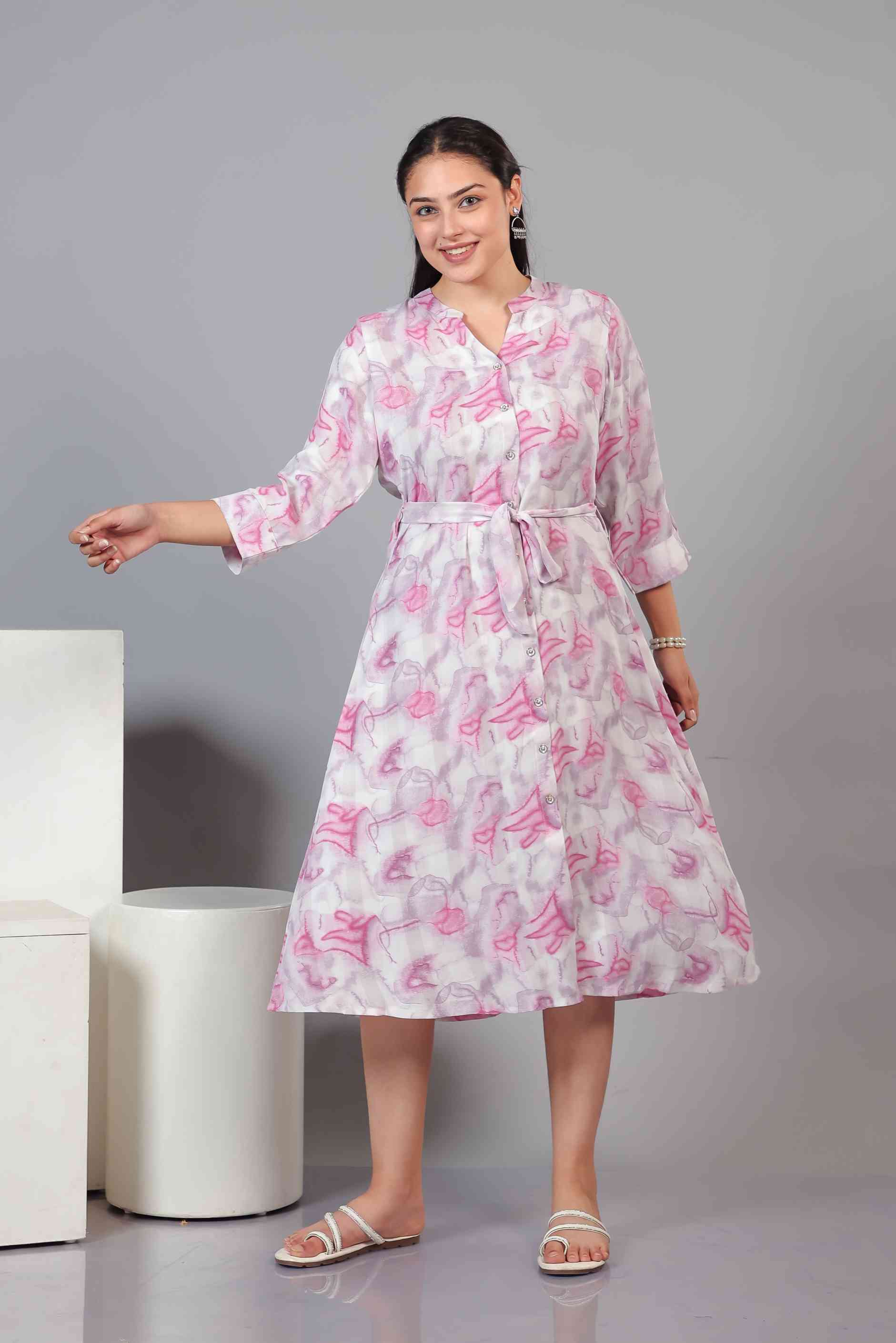 White Lycra with Baby Pink Printed Maxi Dress