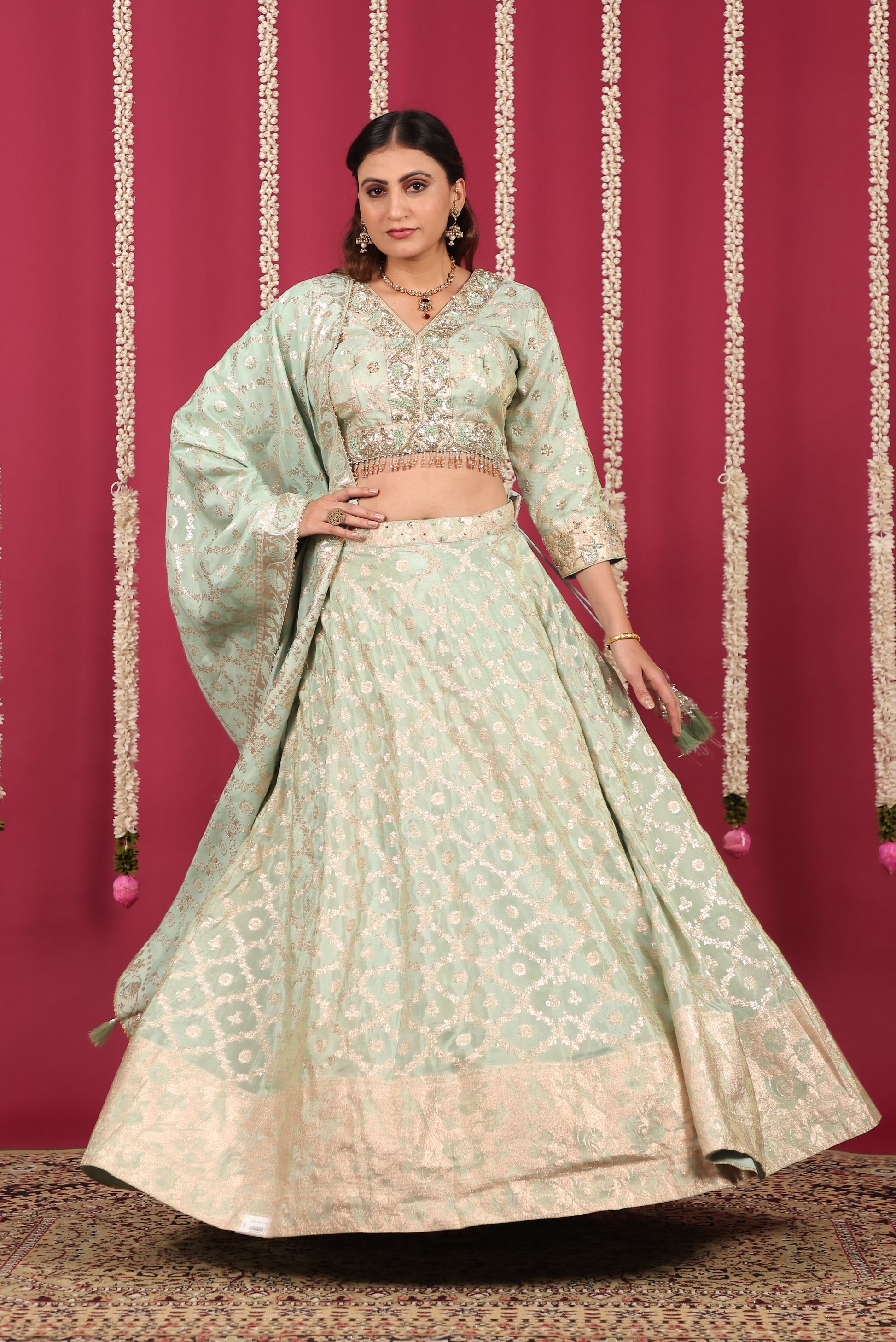 Pista Green Mosh Silk Banarsi Handwork Lehenga with Blouse & Dupatta