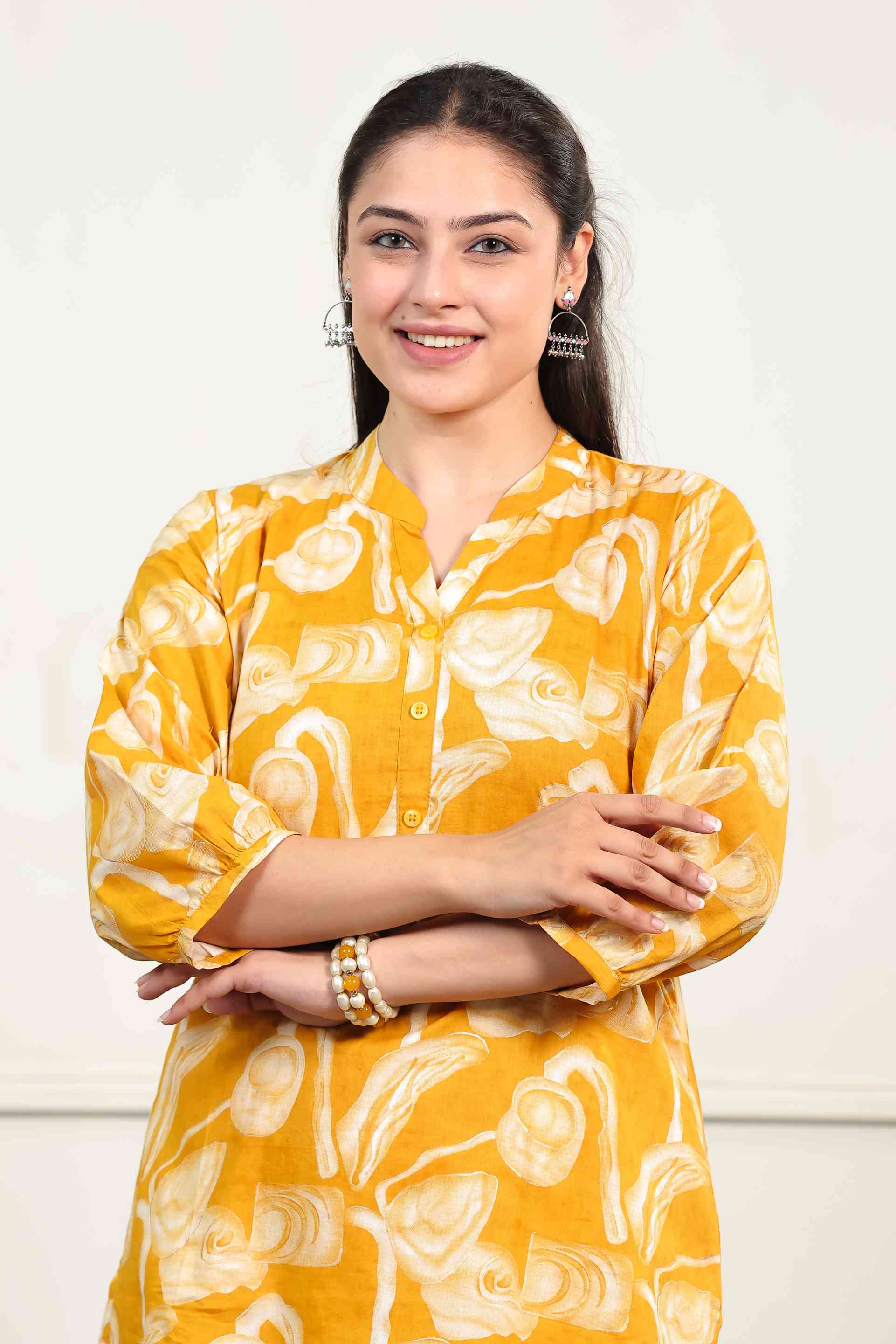 Mustard Yellow Cambric Cotton Printed Top