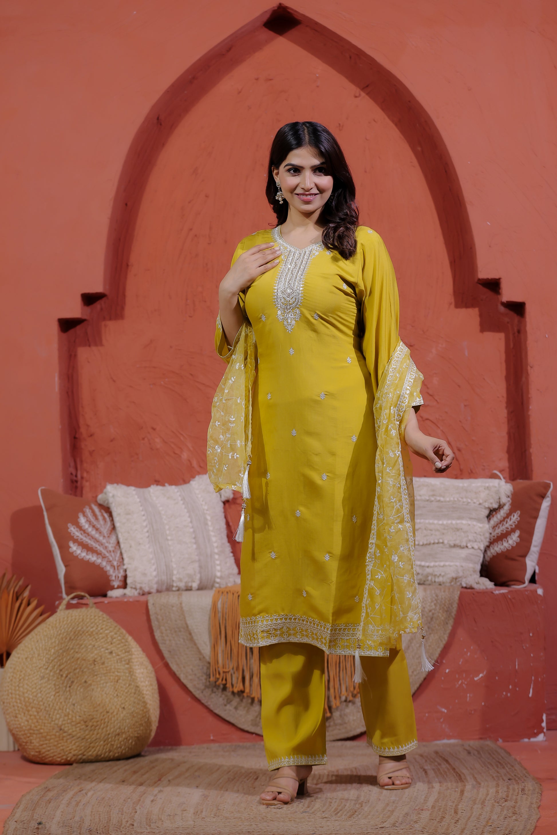 Mustard Yellow Muslin Suit with Thread Work, Straight Pant & Dupatta