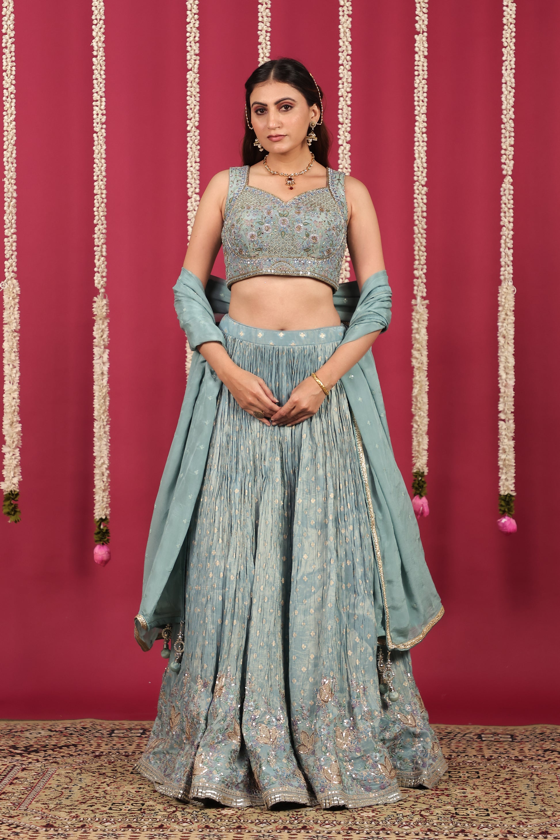 Sky Blue Mosh Silk Lehenga with Banarsi Butti Thread Work with Blouse & Dupatta
