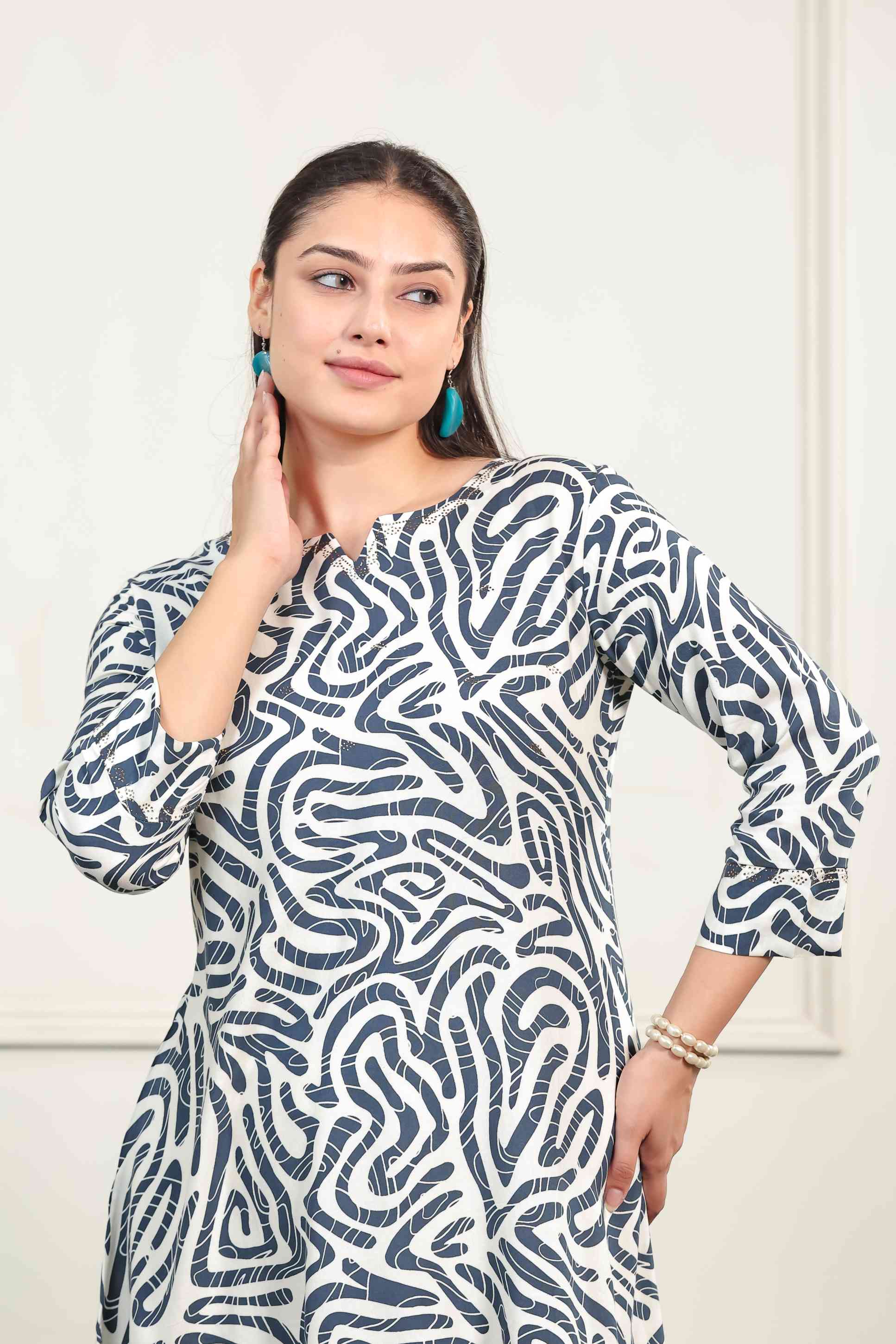 Blue & Off-White Rayon Printed Top