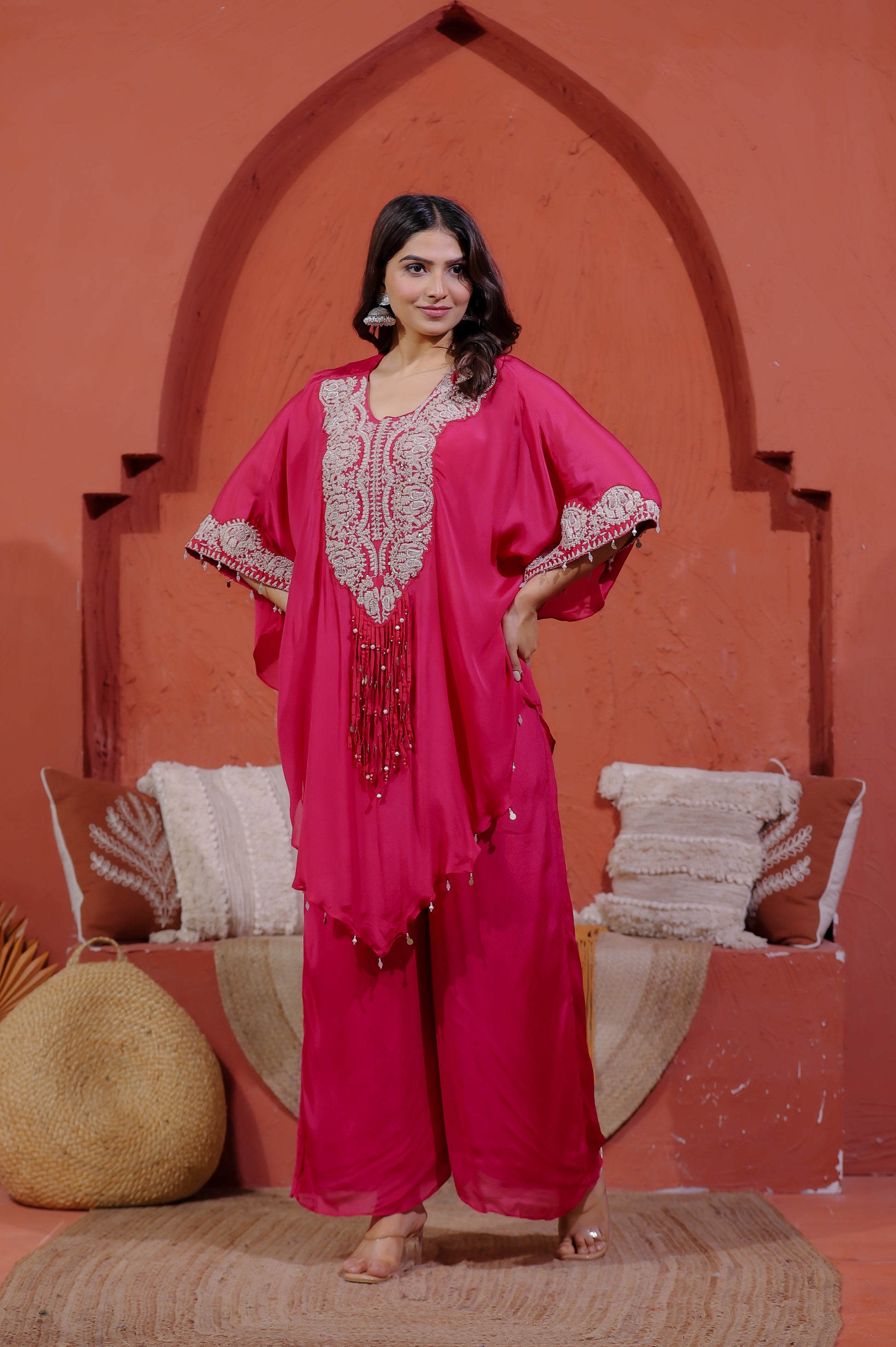 Rani Pink Chinon Silk Kaftan with Thread Embroidery, Blouse & Palazzo