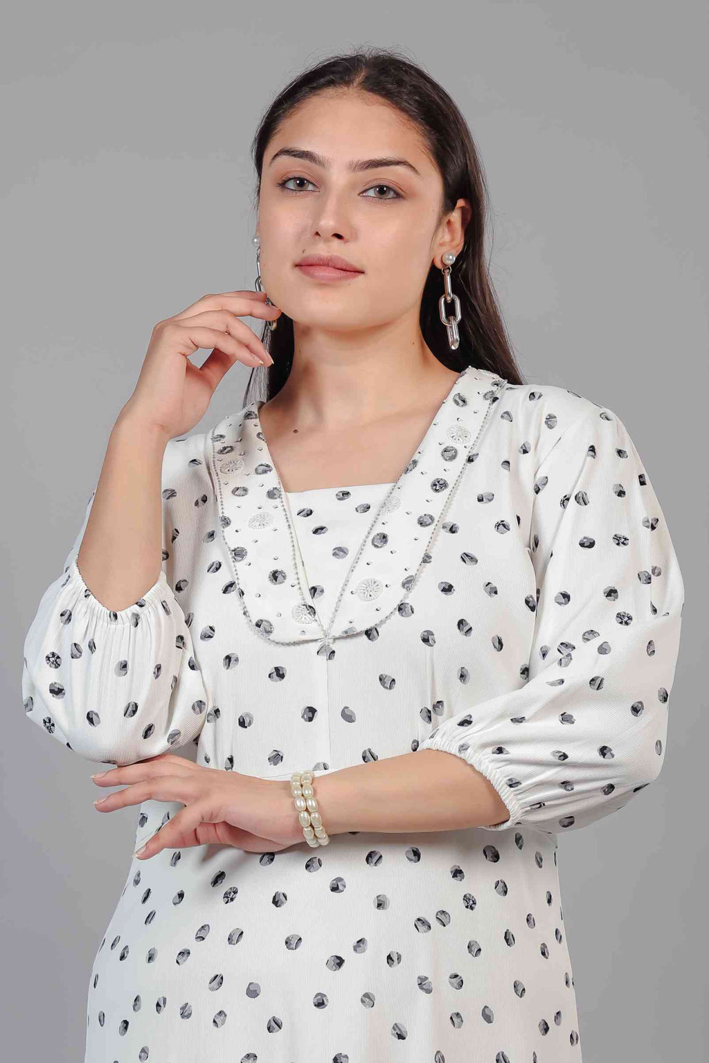 White Lycra with Pearl Handwork & Black Dots Printed Maxi Dress