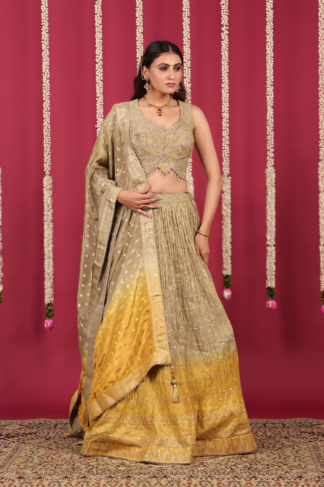 Golden Brown & Yellow Mosh Silk Lehenga with Zari Work with Blouse & Dupatta