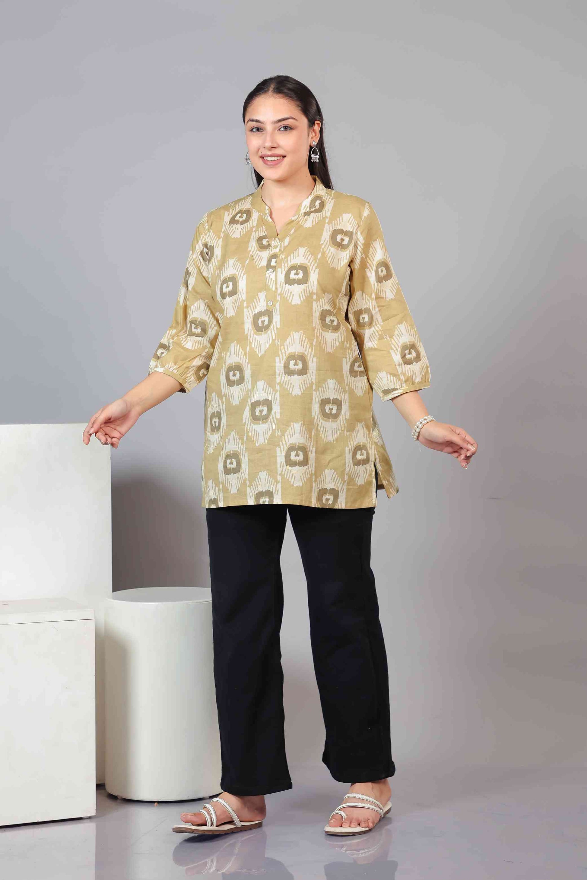 Metallic Gold Brown Cambric Cotton Printed Top