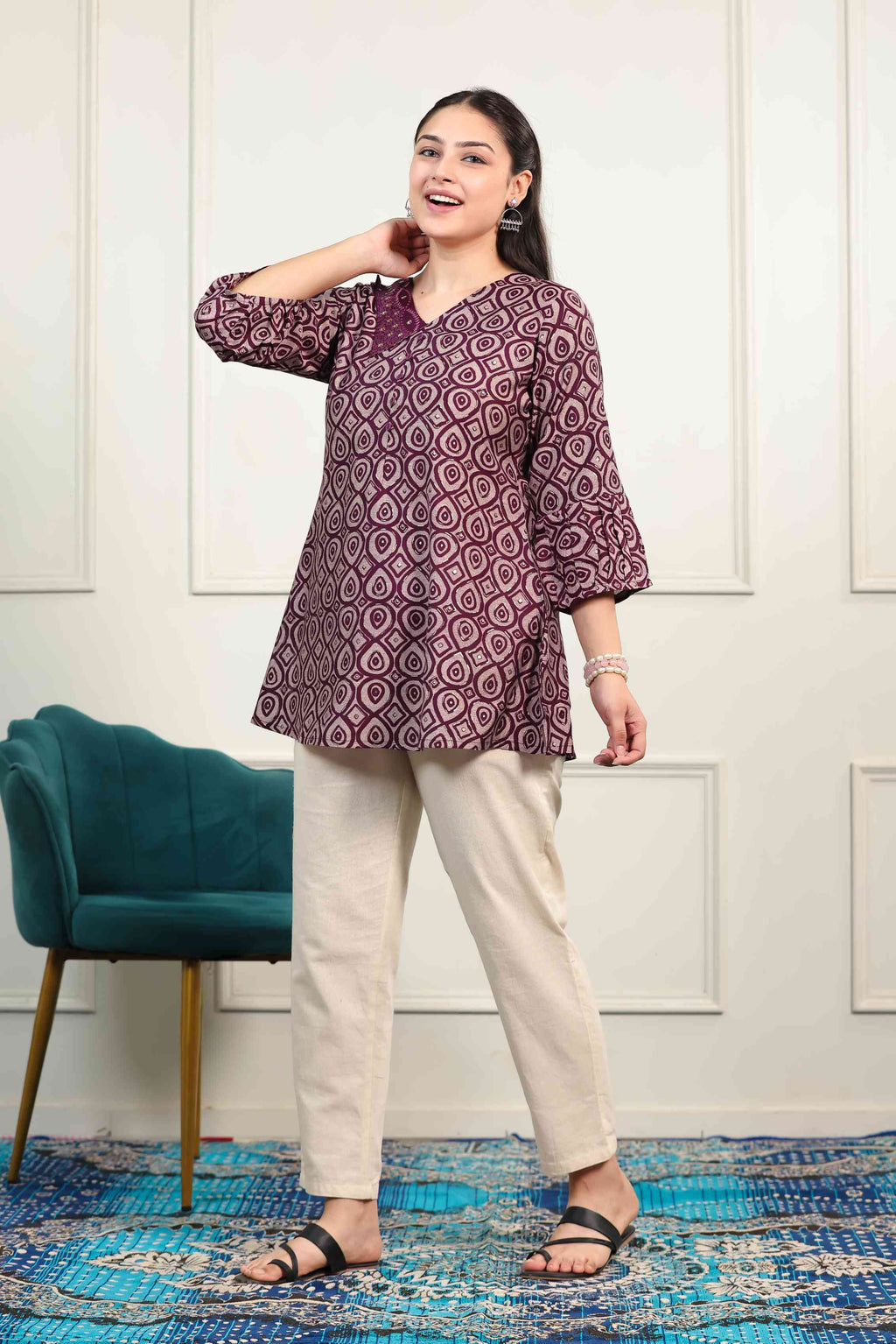 Wine Color Muslin Printed Top