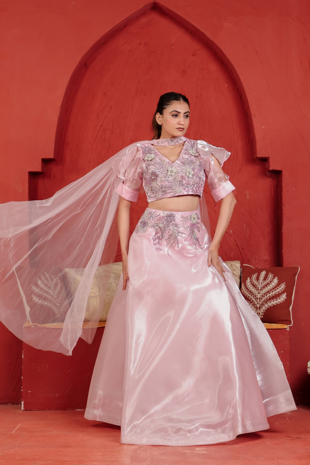 Baby Pink Jimmy Choo Lehenga with Handwork Blouse & Net Dupatta