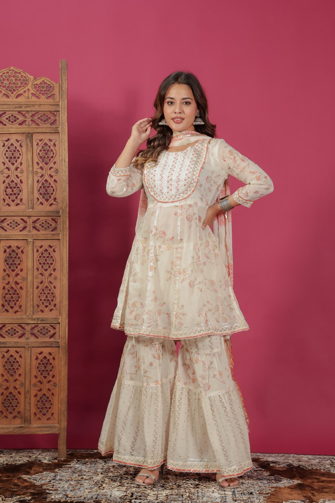 Off White Mulmul Cotton Foil Printed Suit, Sharara & Dupatta