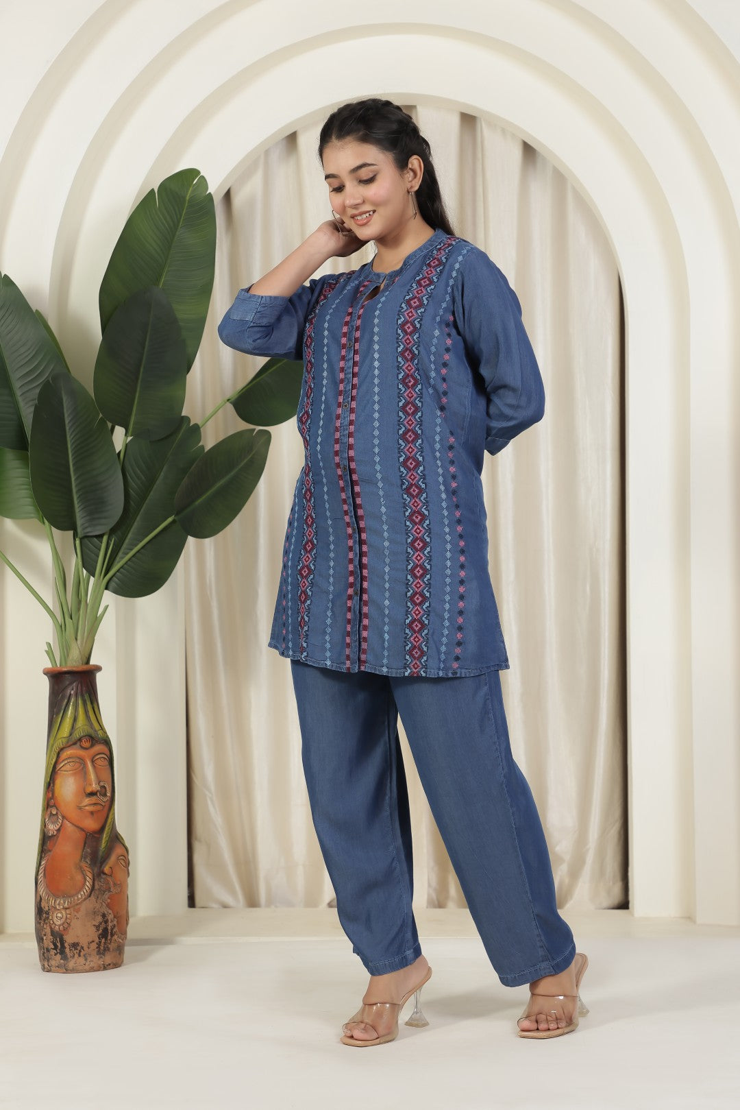 Navy Blue Denim Top with Embroidery and Paired with Matching Pant