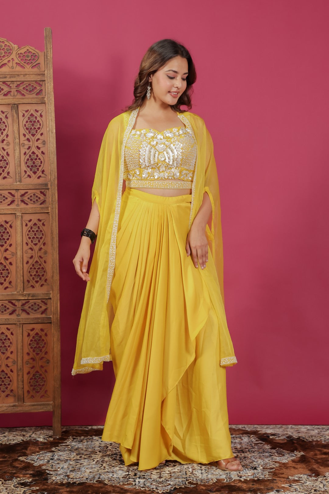 Yellow Satin Silk Dhoti Set with Pearl Handwork Blouse & Shrug