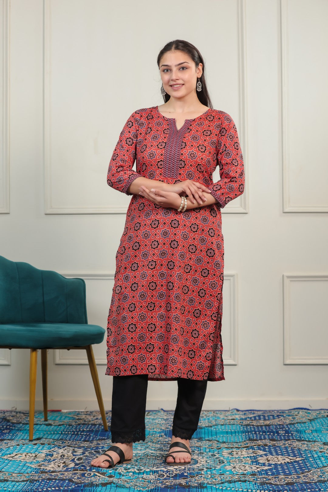 Rust Cotton Printed Suit with Bottom & Dupatta
