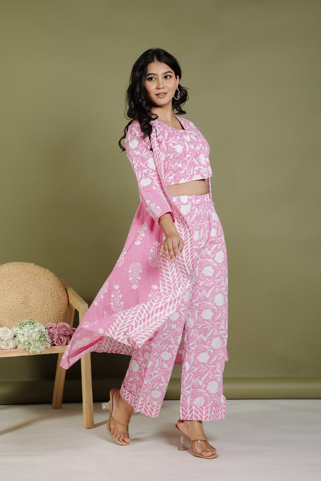 Pink Cambric Cotton Jacket Shrug with White Prints, and Paired with Matching Blouse & Pant