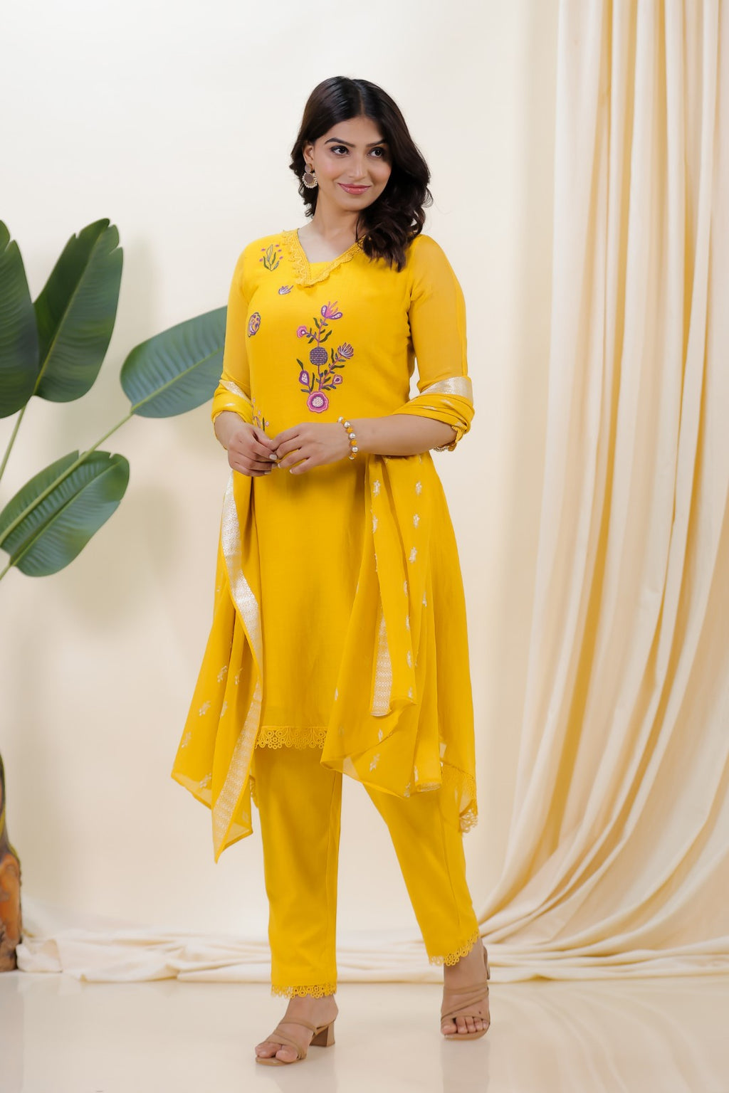 Yellow Mosh Chanderi Suit with Kashmiri Work, Pant & Dupatta