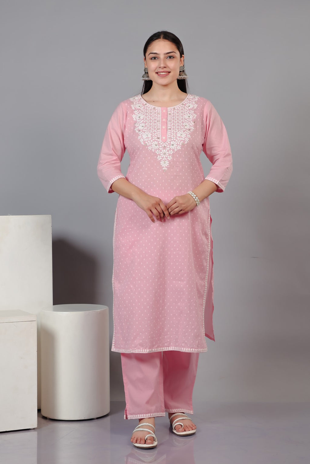 Baby Pink Cotton Suit with Thread Work, Bottom & Dupatta