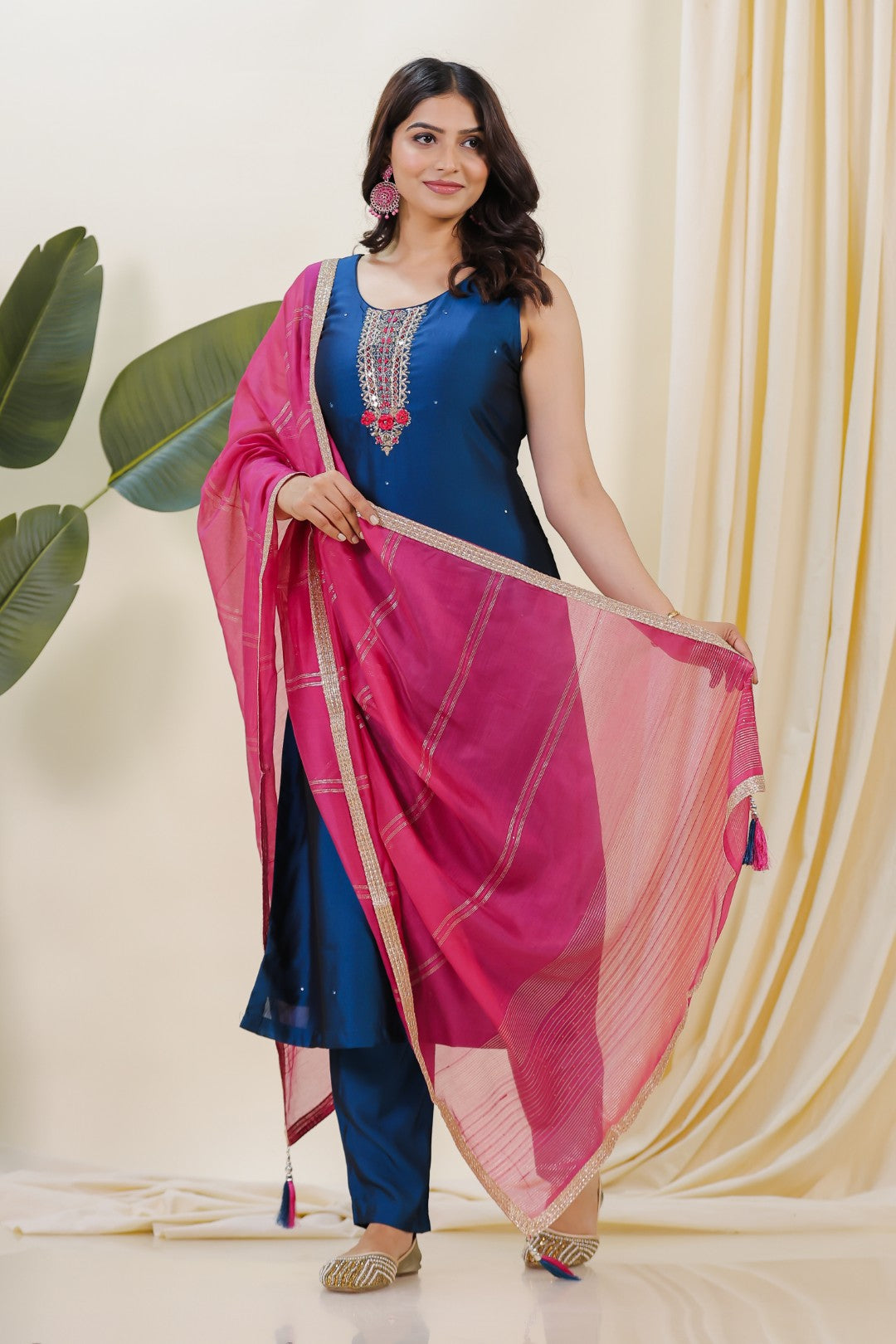 Diesel Blue Muslin Silk Suit with Handwork, Bottom & Dupatta