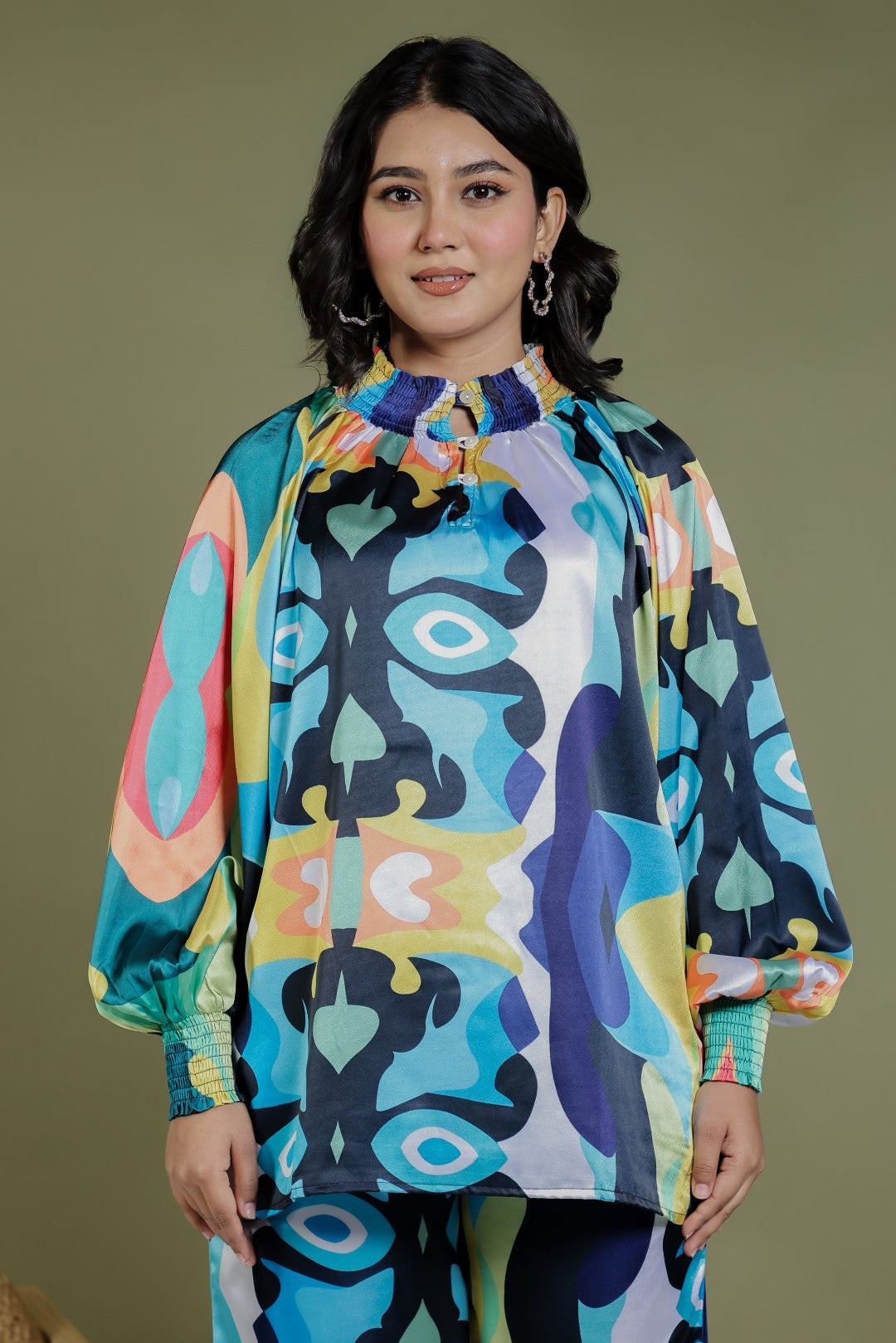 Multicolor Satin Printed Top and Multicolor Printed Bottom