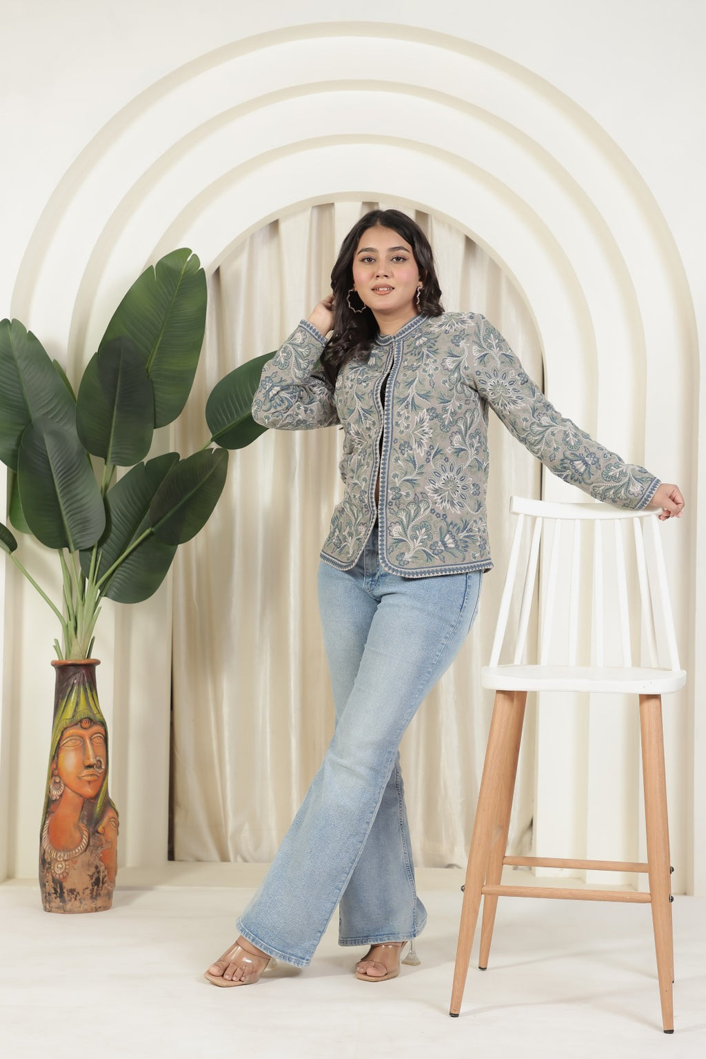 Grey Cotton Jacket with Kashmiri Thread Embroidery