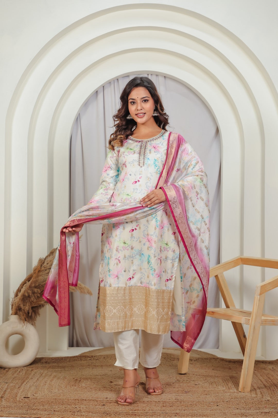 Off White Muslin Silk Suit with Colorful Floral Print, Pant & Dupatta