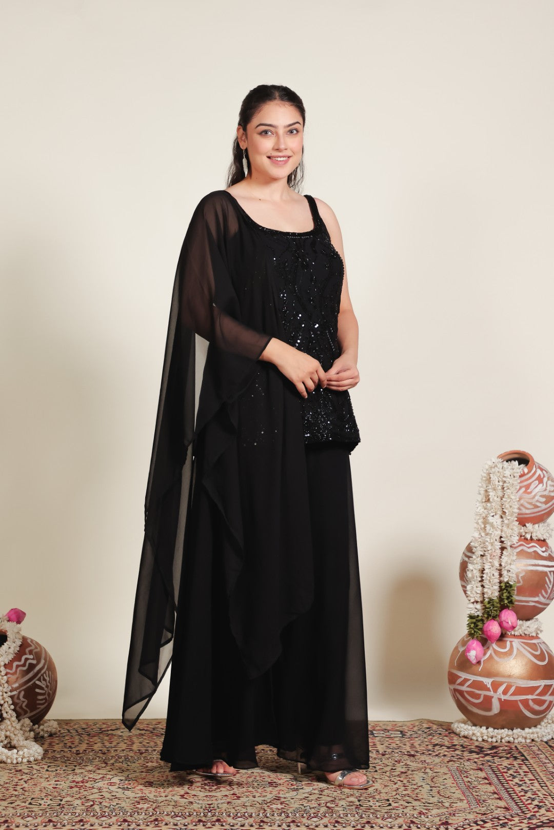 Black Georgette Suit with Handwork, Sharara & Dupatta
