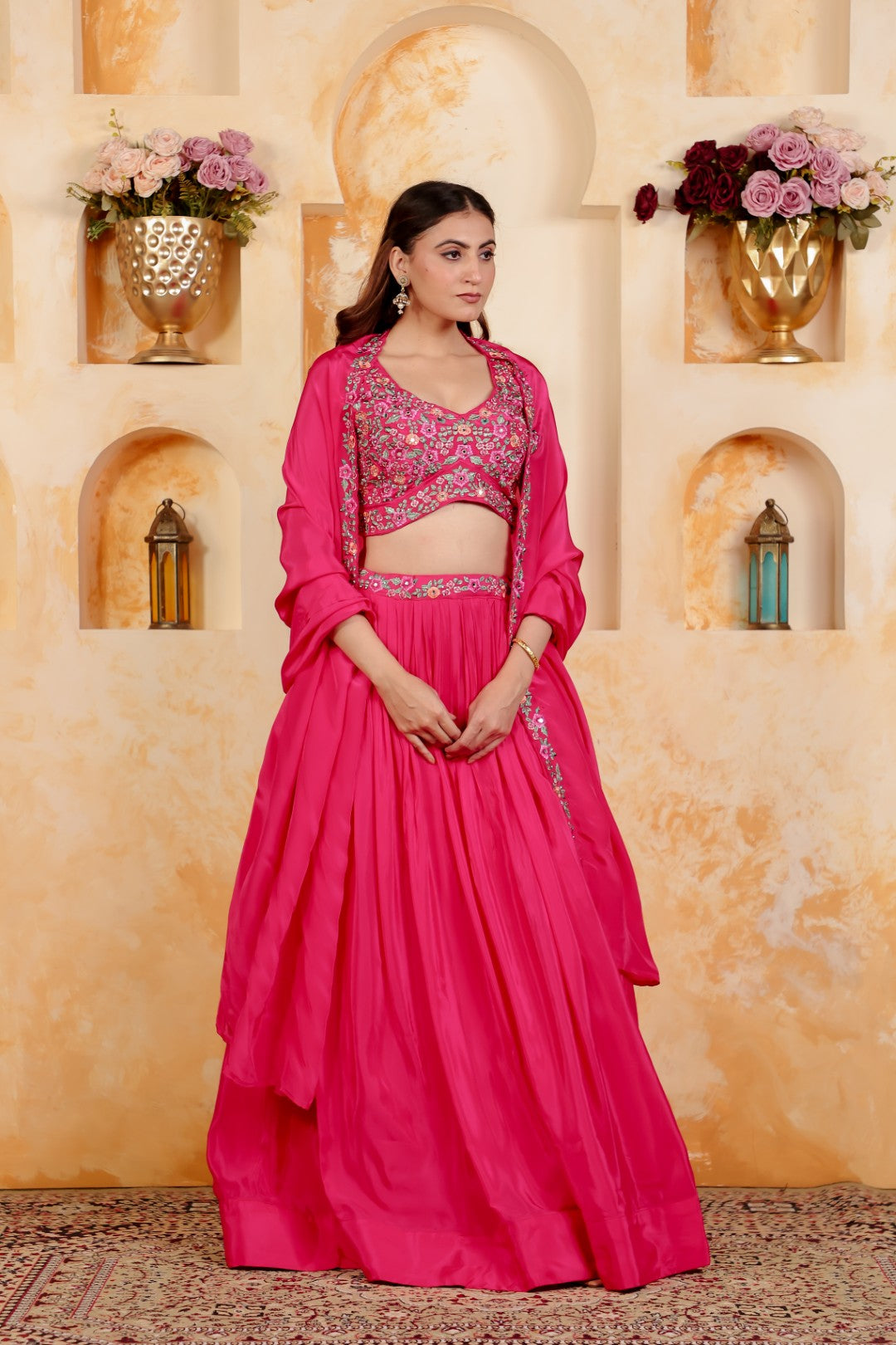 Rani Pink Crepe Silk Blouse with Thread & Stone Work, Lehenga & Dupatta