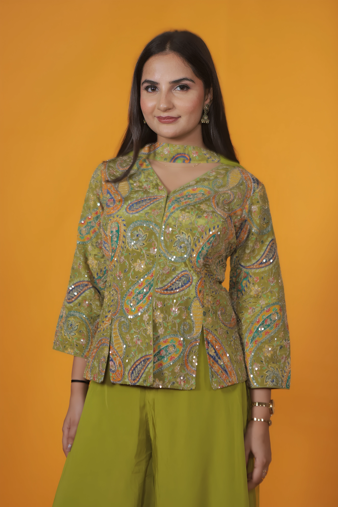 Green HO Silk Top with Position Print & Zari Work, Sharara & Dupatta