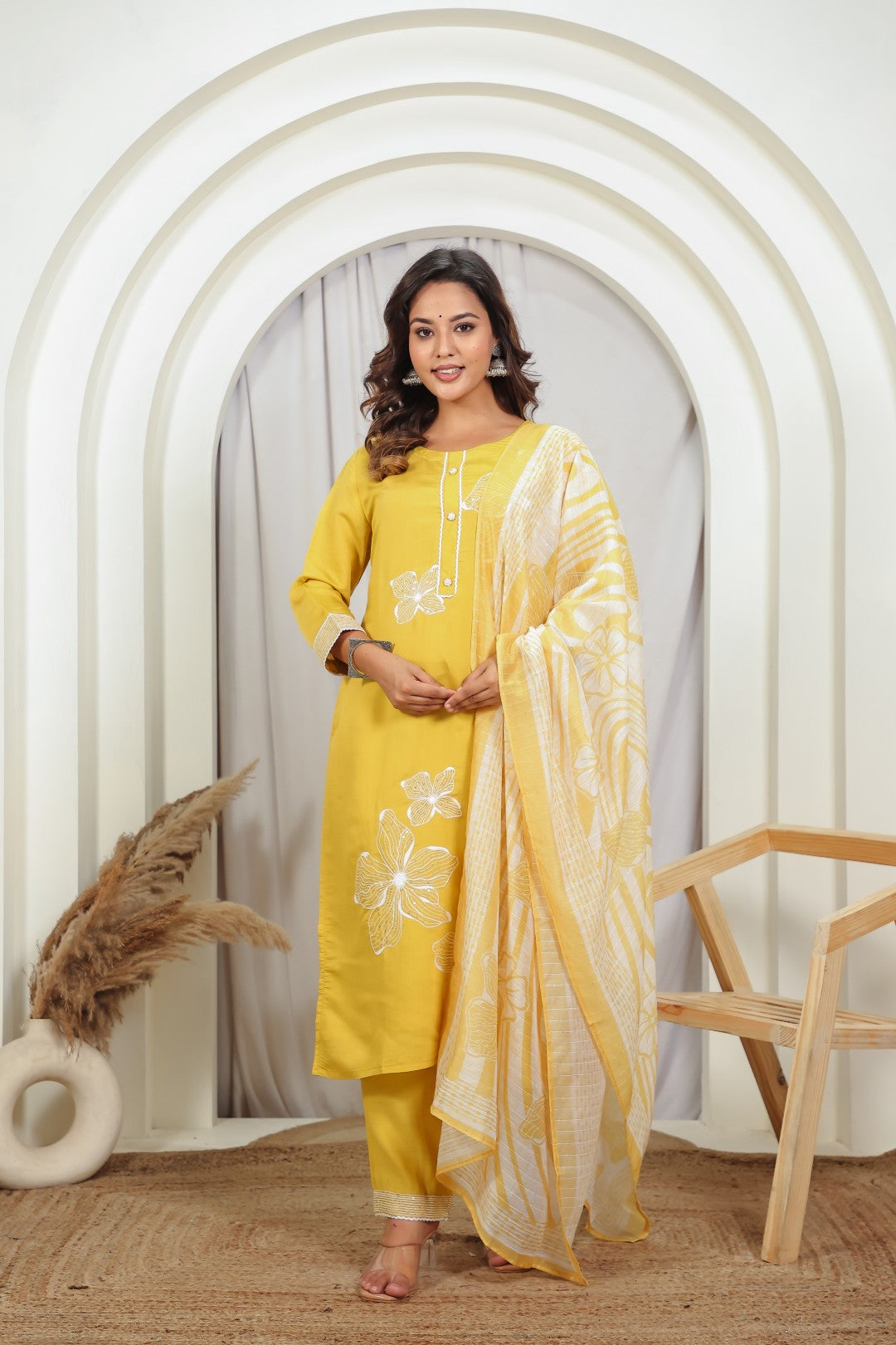 Yellow Muslin Suit with White Thread & Sequin Work, Bottom & Dupatta