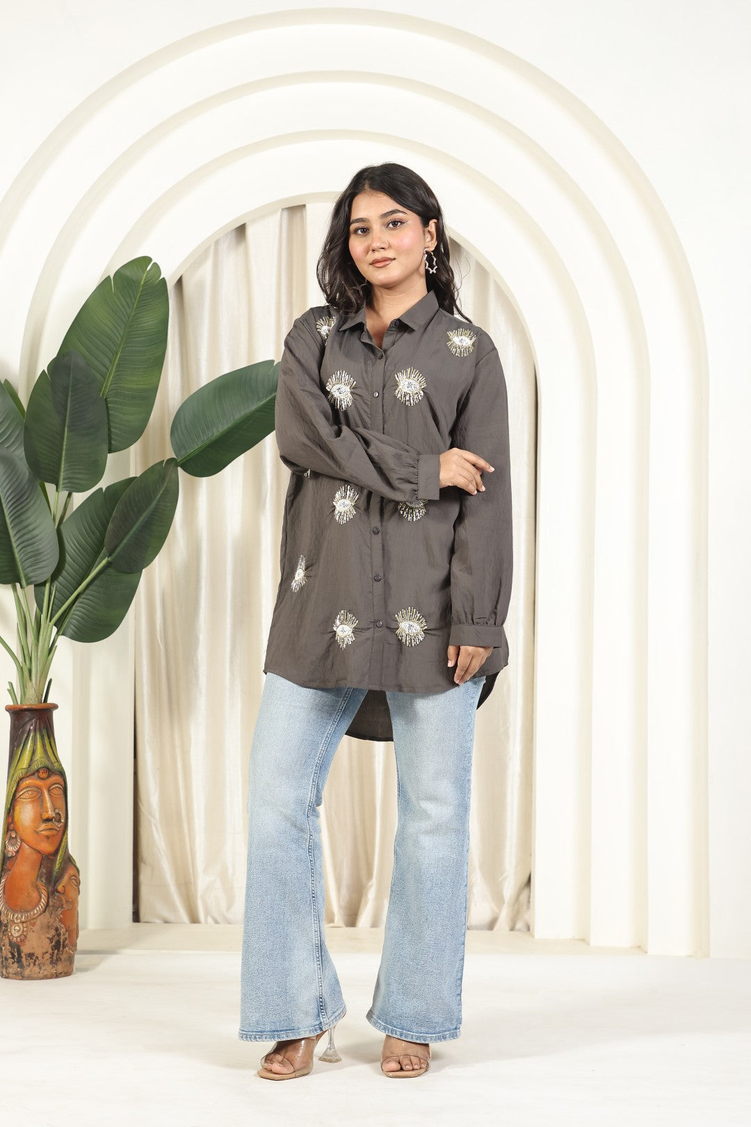 Charcoal Cotton Shirt with Sequence Handwork