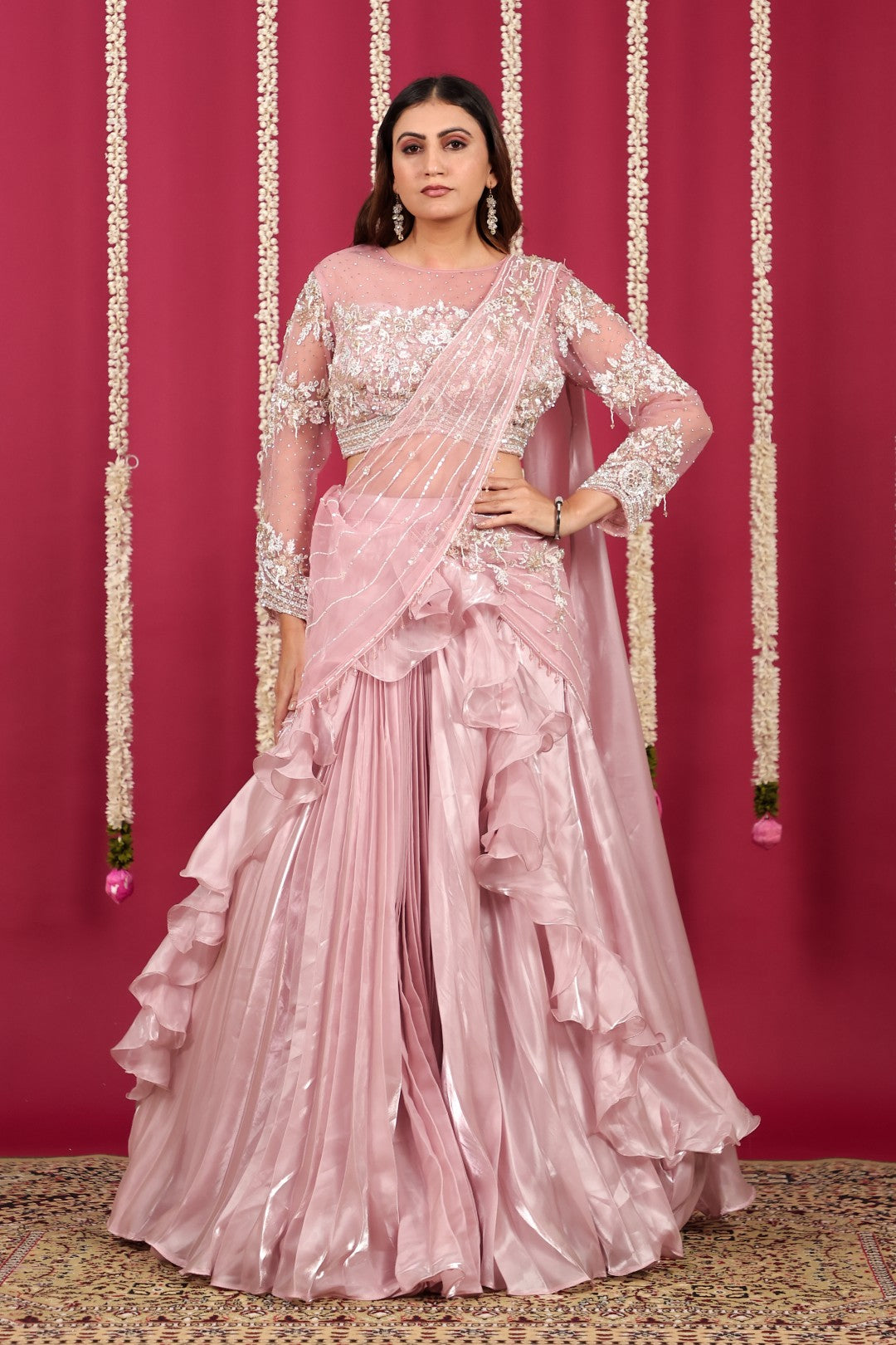 Baby Pink Burberry Net Lehenga with Heavy Handwork Blouse & Attached Dupatta