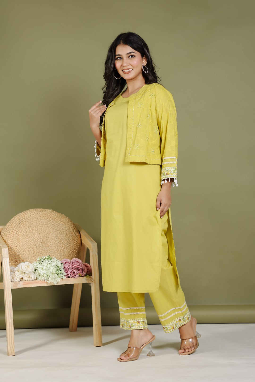 Neon Cotton Suit with Thread Embroidery and Jacket with Thread Embroidery