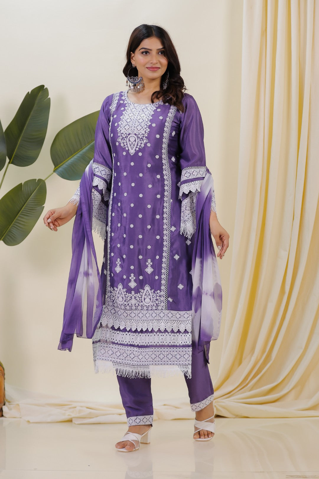 Lavender Chinon Silk Suit with Thread Work, Straight Pant & Dupatta