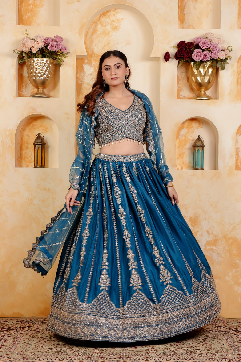 Diesel Blue Chinon Blouse with Heavy Zari & Stone Work, Lehenga & Net Dupatta