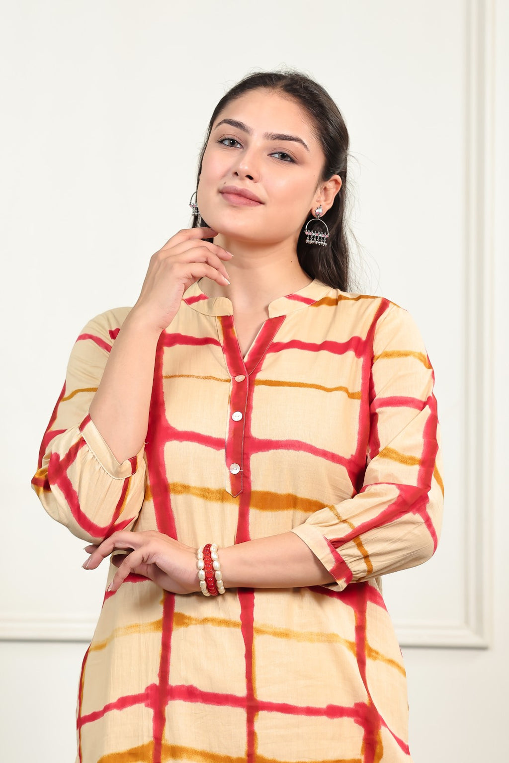 Beige Cambric Cotton with Block Prints Short Kurti