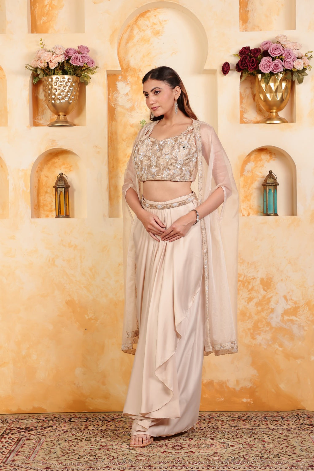 Beige Satin Blouse with Full Handwork, Beige Satin Dhoti & Shrug
