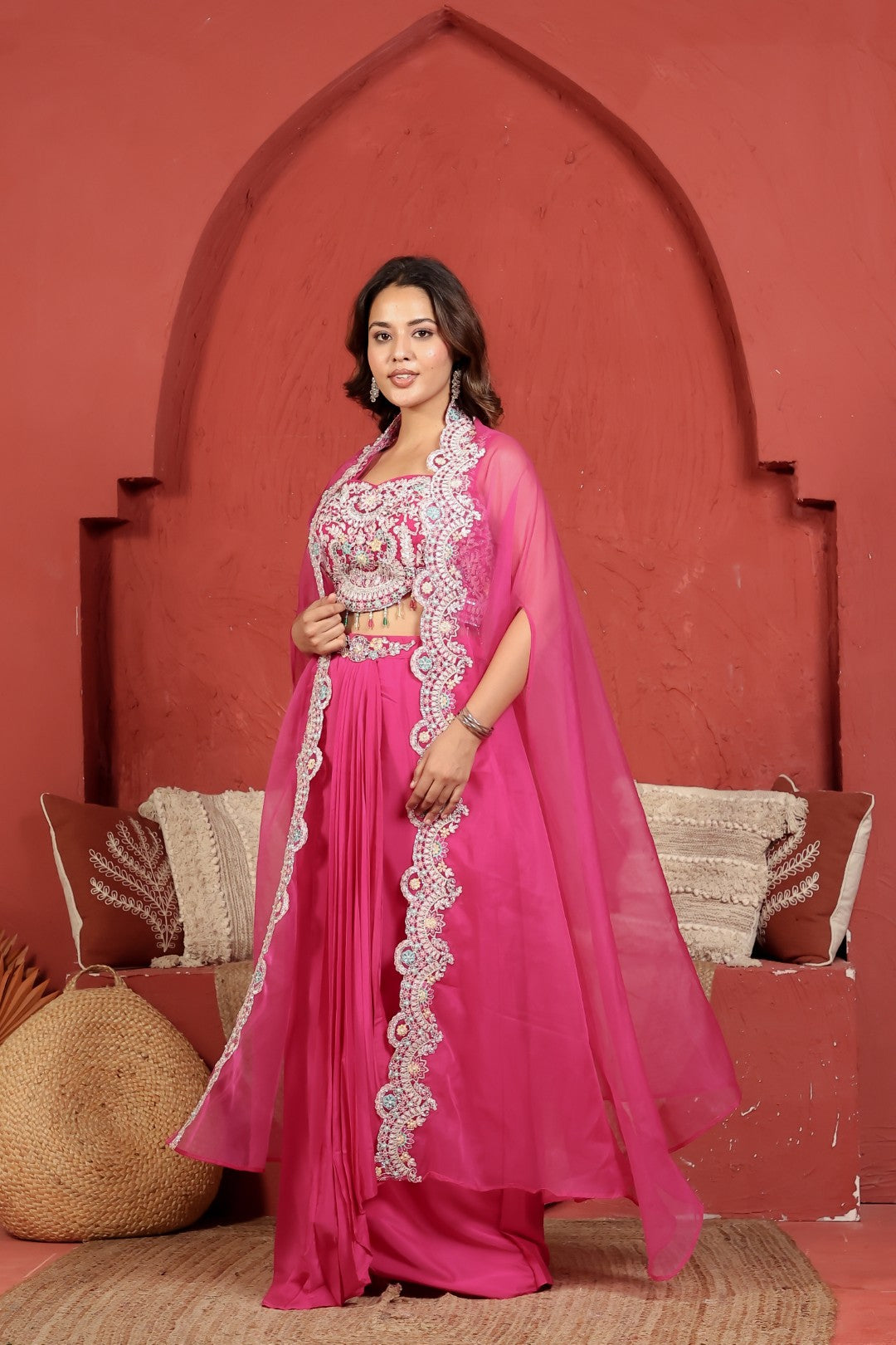 Dark Pink Crepe Silk Dhoti with Handwork Blouse & Shrug
